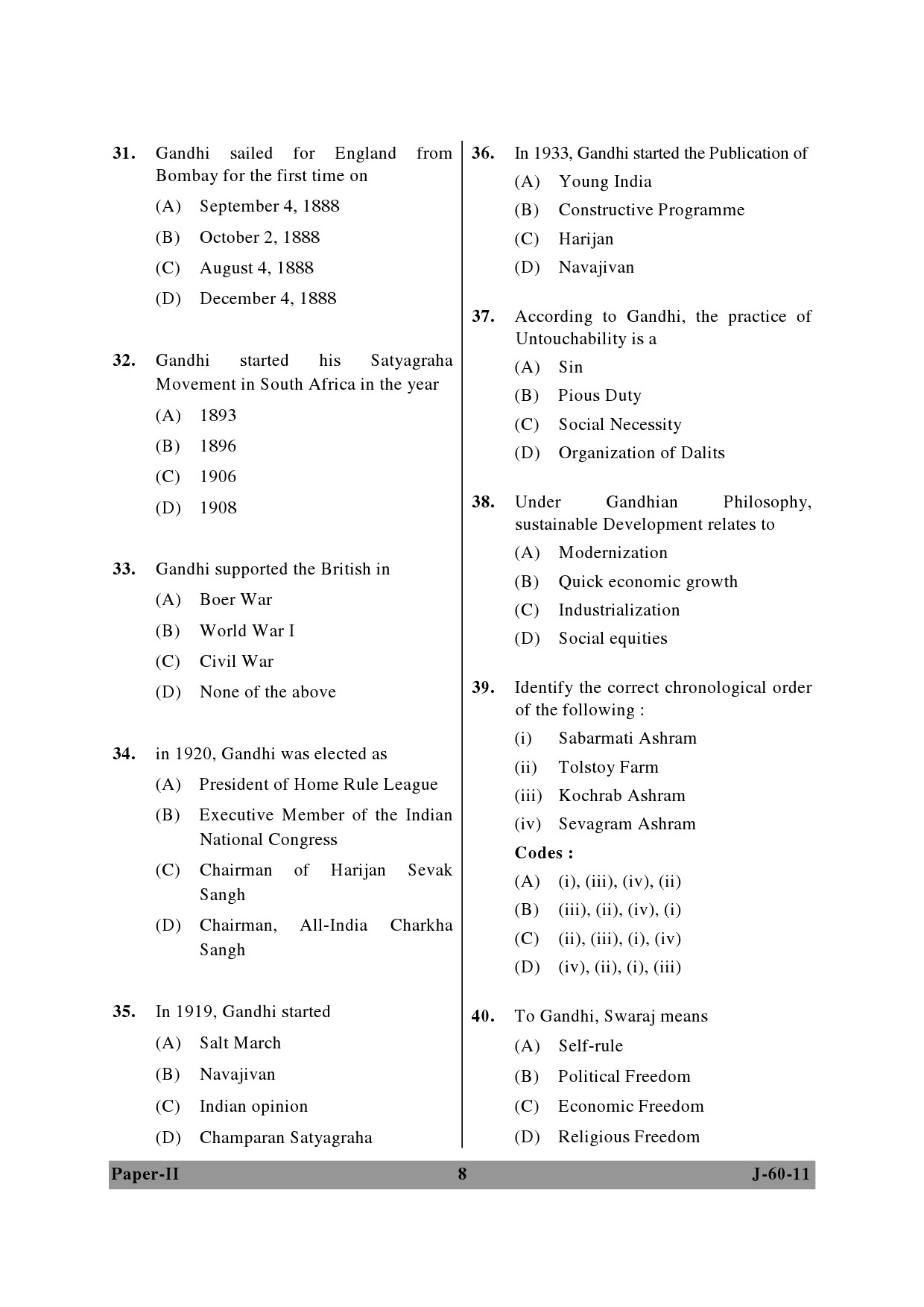 UGC NET Buddhist Jaina Gandhian and Peace Studies Question Paper II June 2011 8