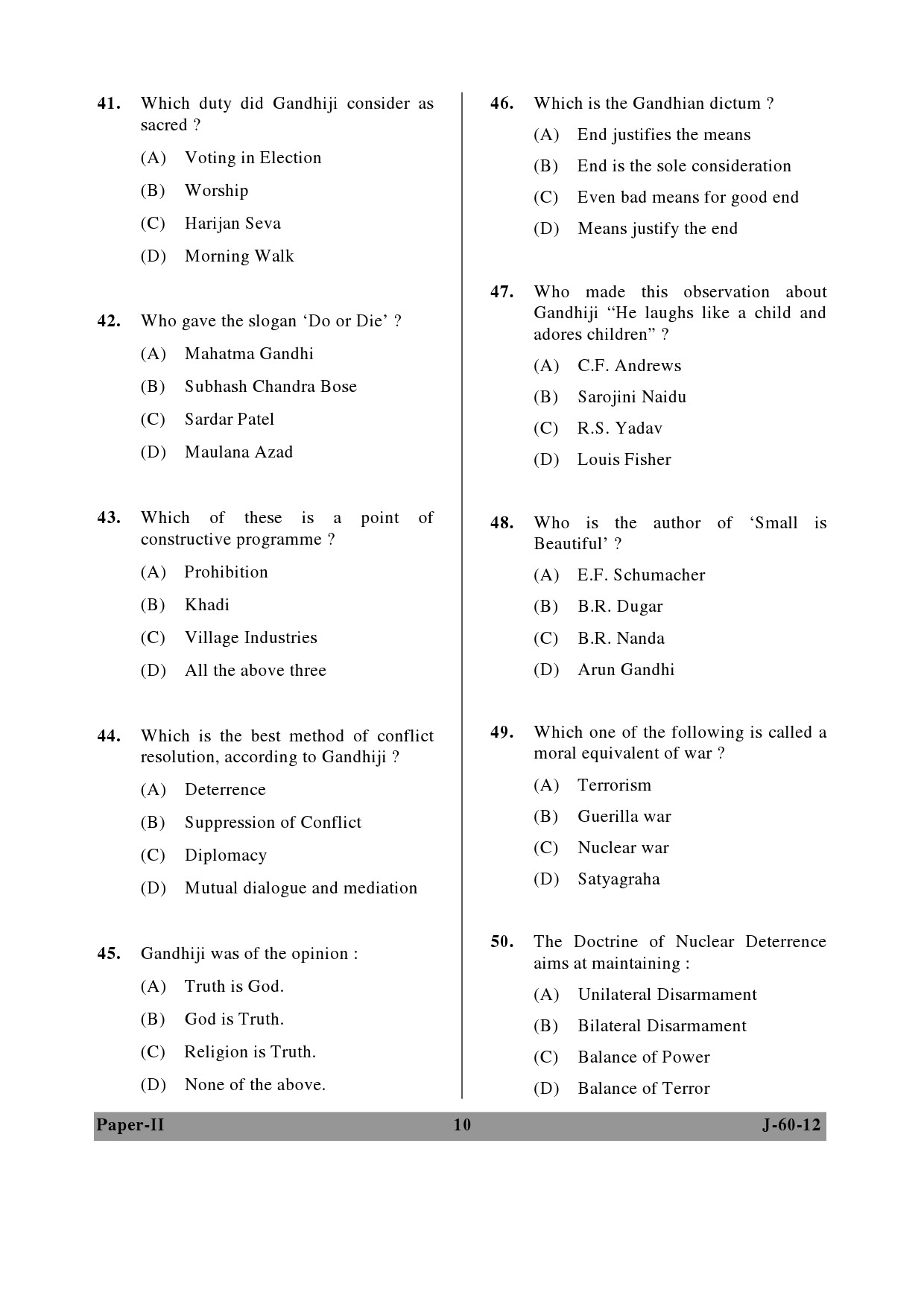 UGC NET Buddhist Jaina Gandhian and Peace Studies Question Paper II June 2012 10