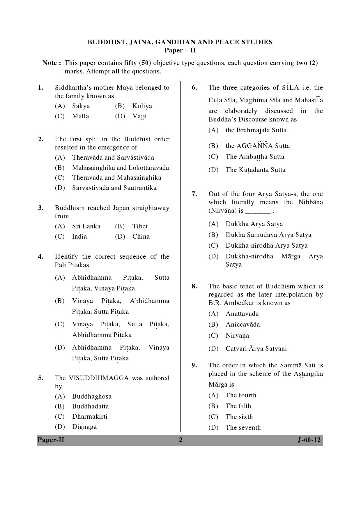 UGC NET Buddhist Jaina Gandhian and Peace Studies Question Paper II June 2012 2