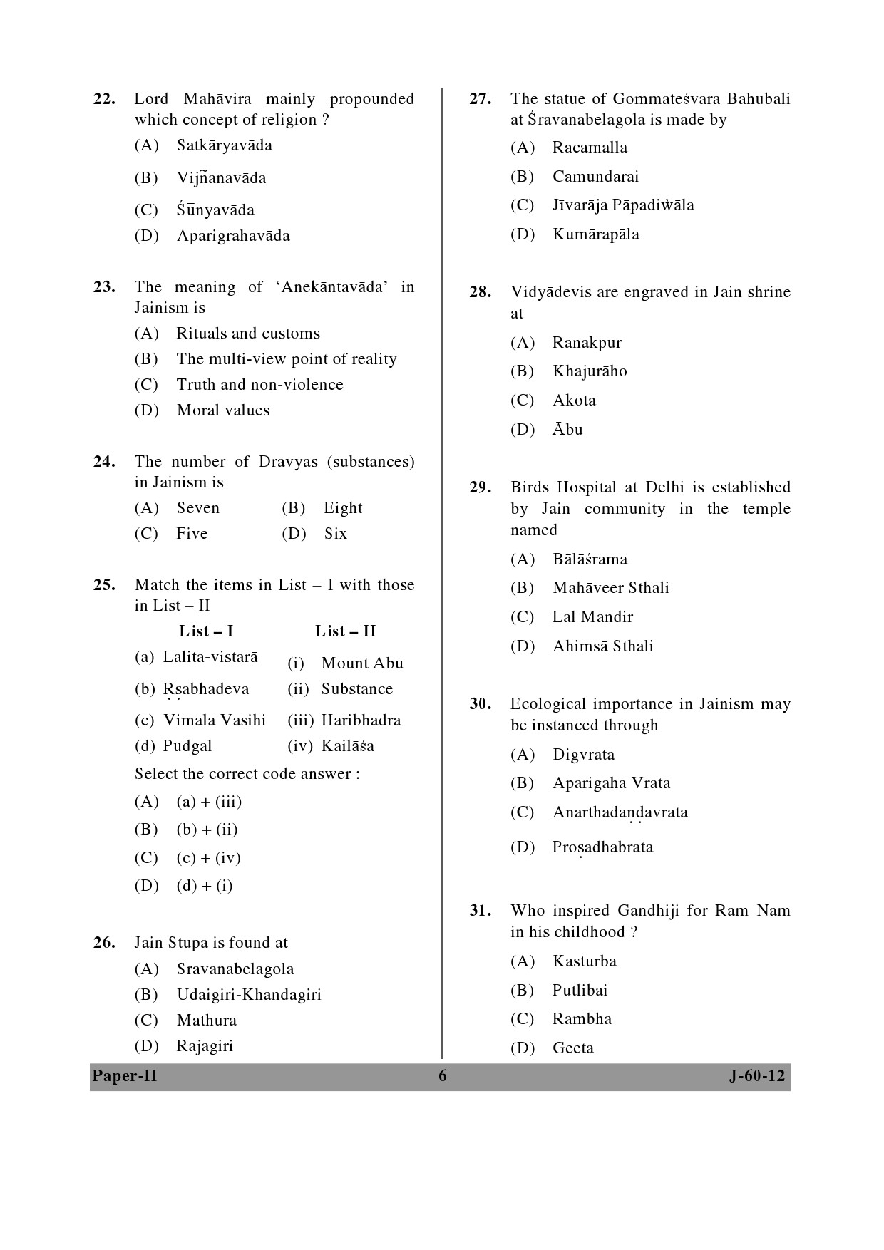 UGC NET Buddhist Jaina Gandhian and Peace Studies Question Paper II June 2012 6