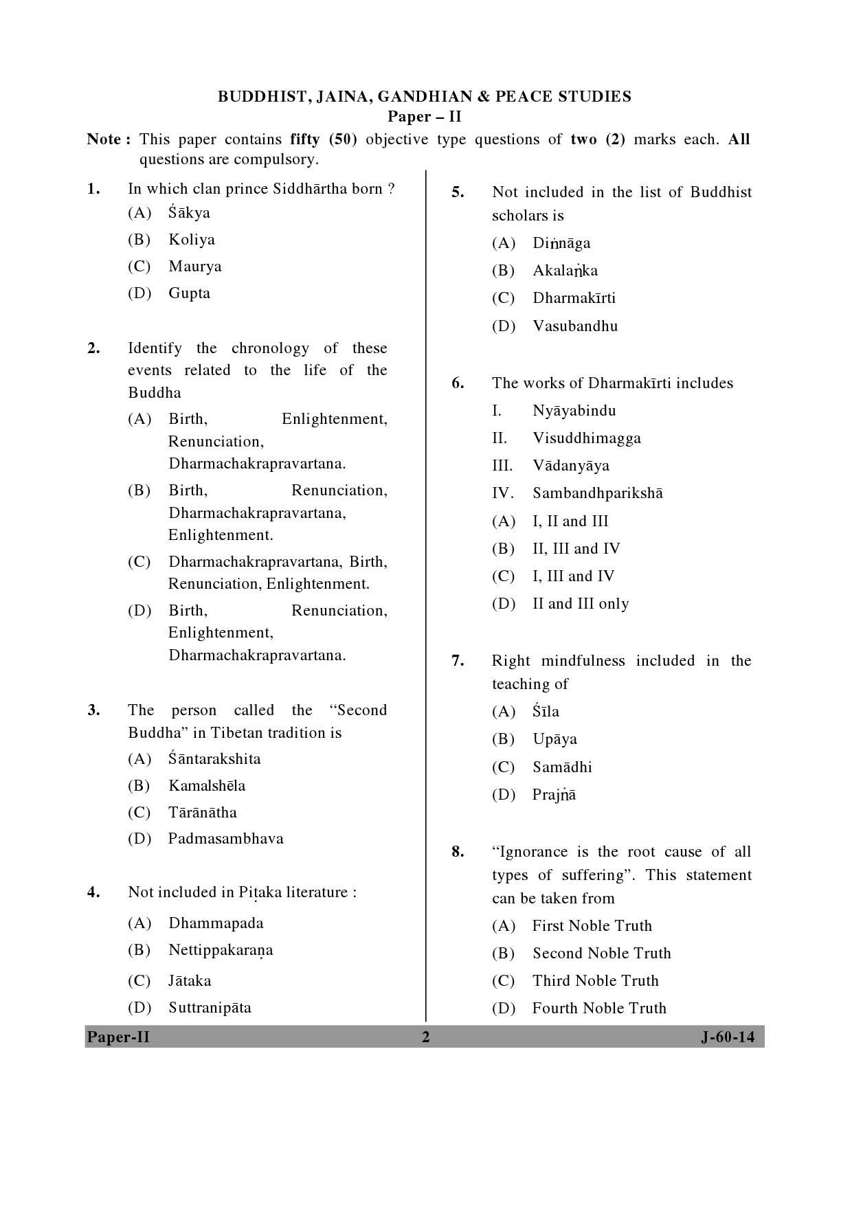 UGC NET Buddhist Jaina Gandhian and Peace Studies Question Paper II June 2014 2