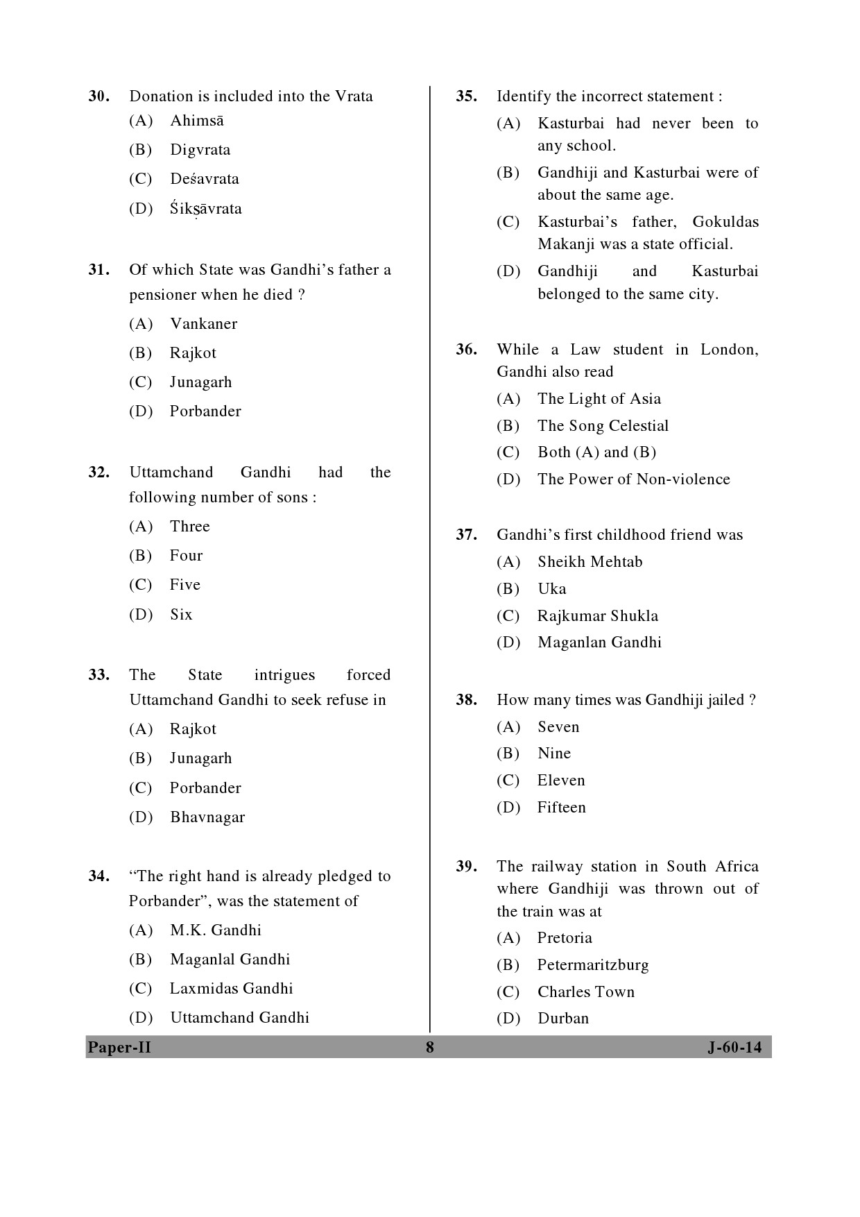 UGC NET Buddhist Jaina Gandhian and Peace Studies Question Paper II June 2014 8