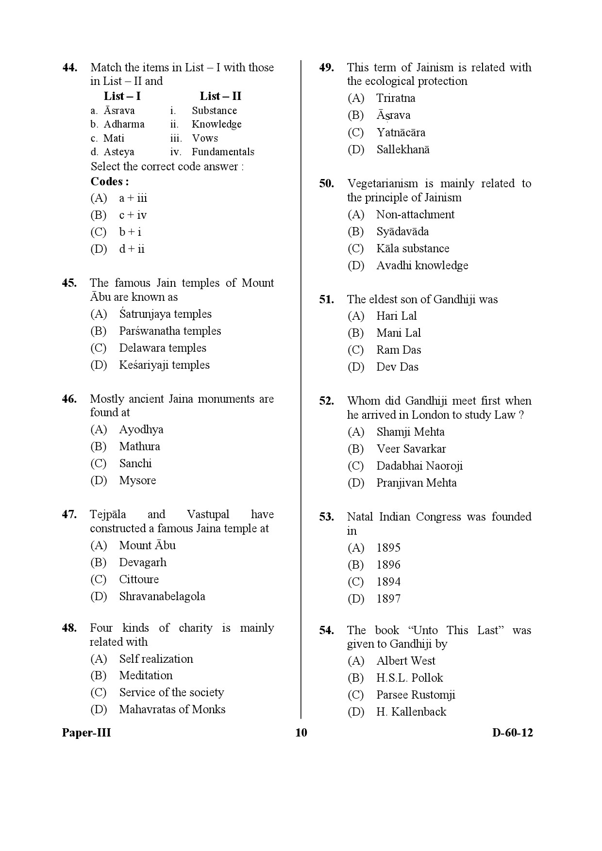 UGC NET Buddhist Jaina Gandhian and Peace Studies Question Paper III December 2012 10