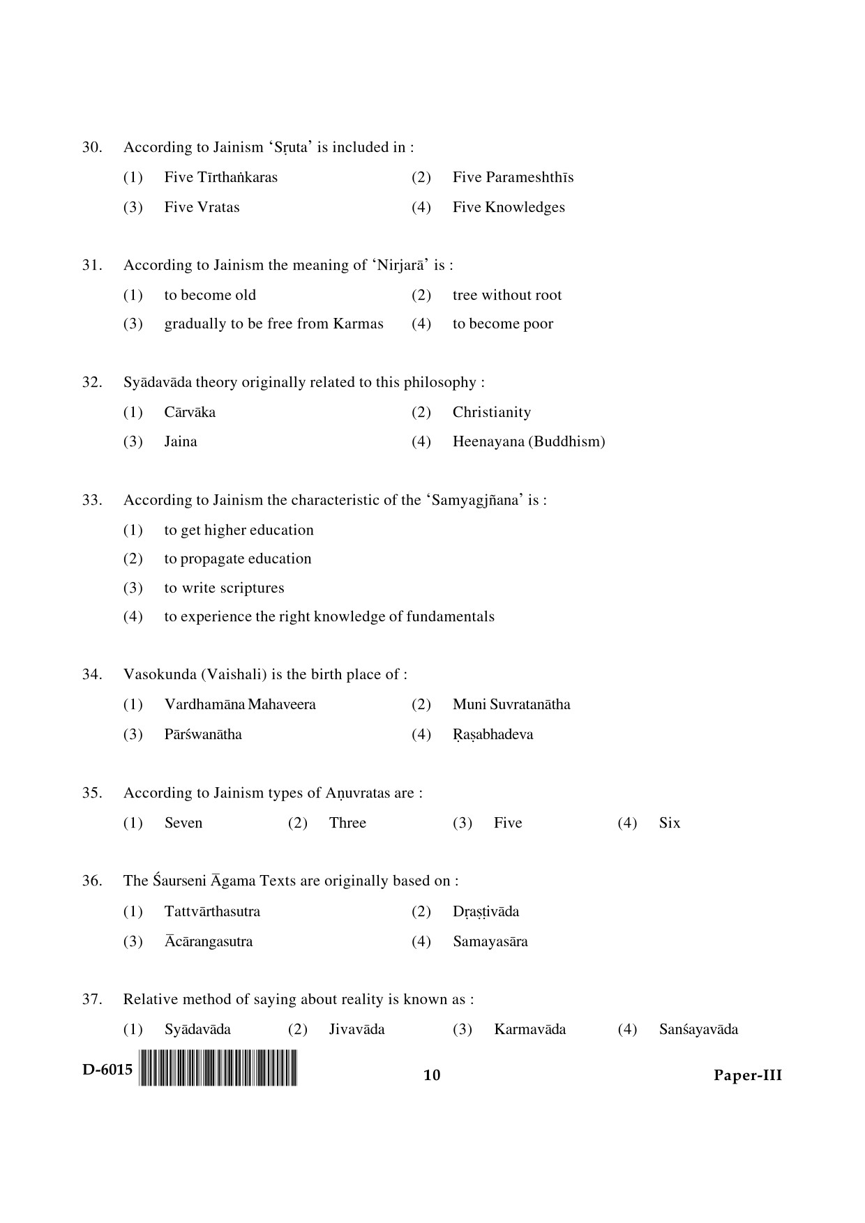 UGC NET Buddhist Jaina Gandhian and Peace Studies Question Paper III December 2015 10