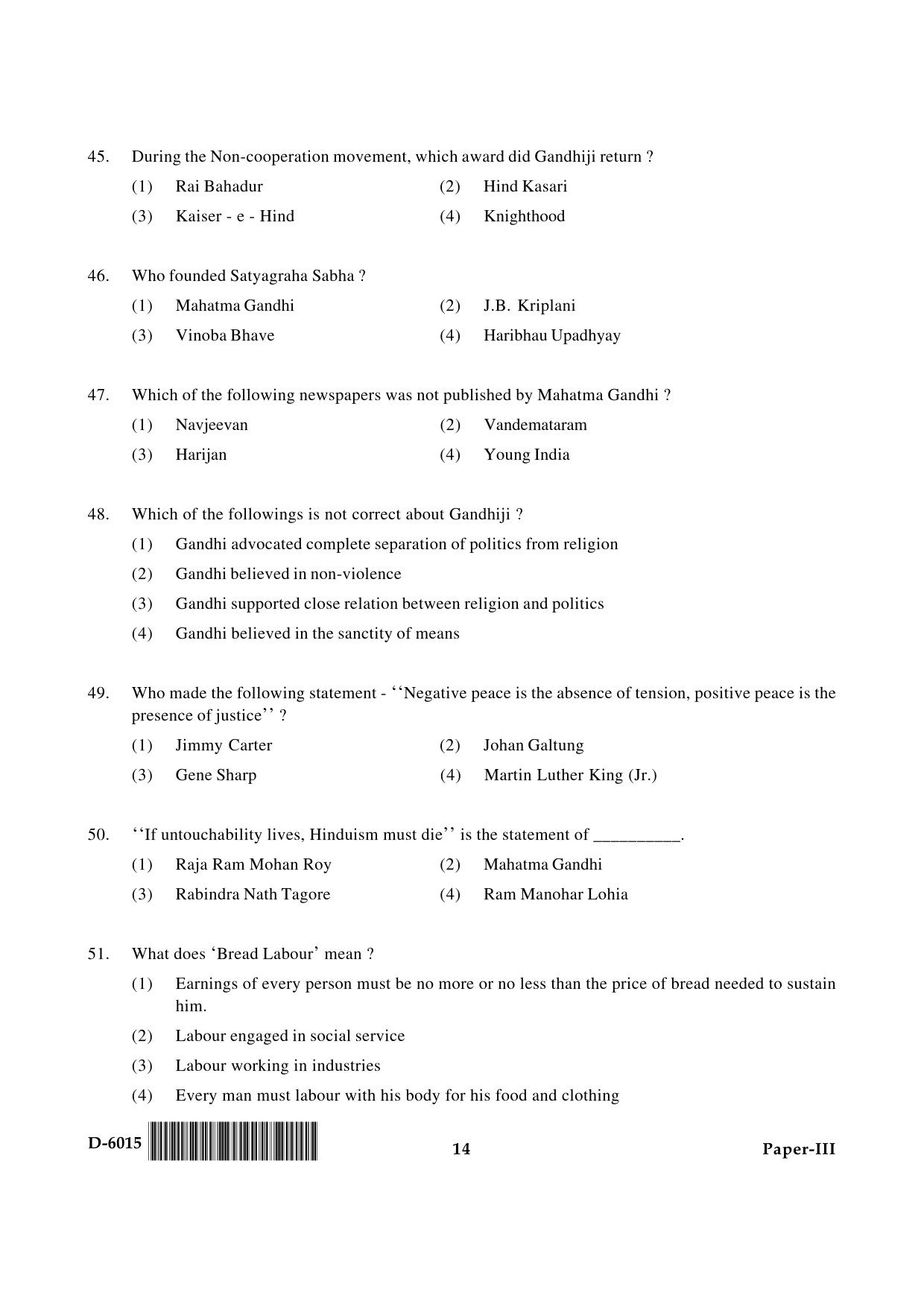 UGC NET Buddhist Jaina Gandhian and Peace Studies Question Paper III December 2015 14