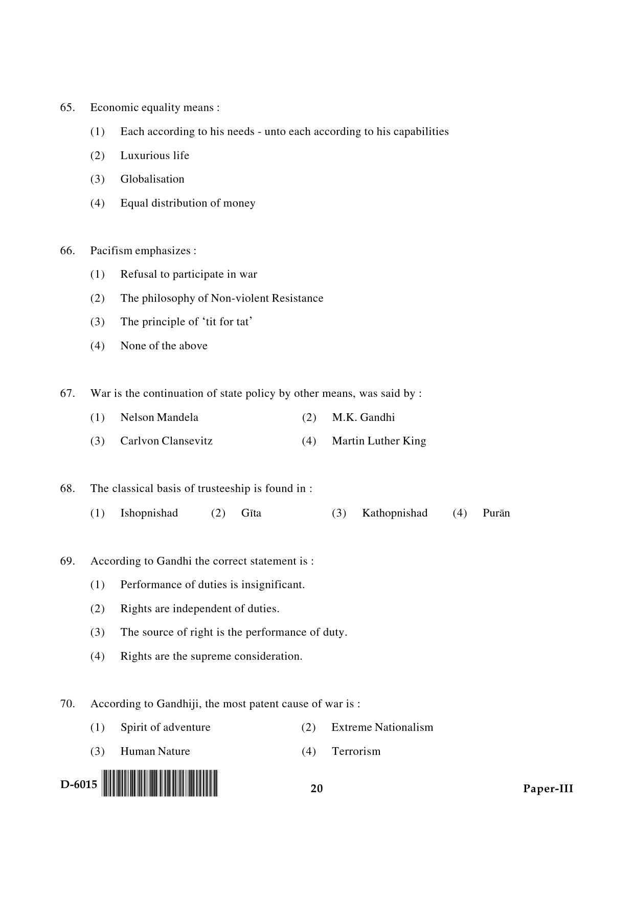 UGC NET Buddhist Jaina Gandhian and Peace Studies Question Paper III December 2015 20