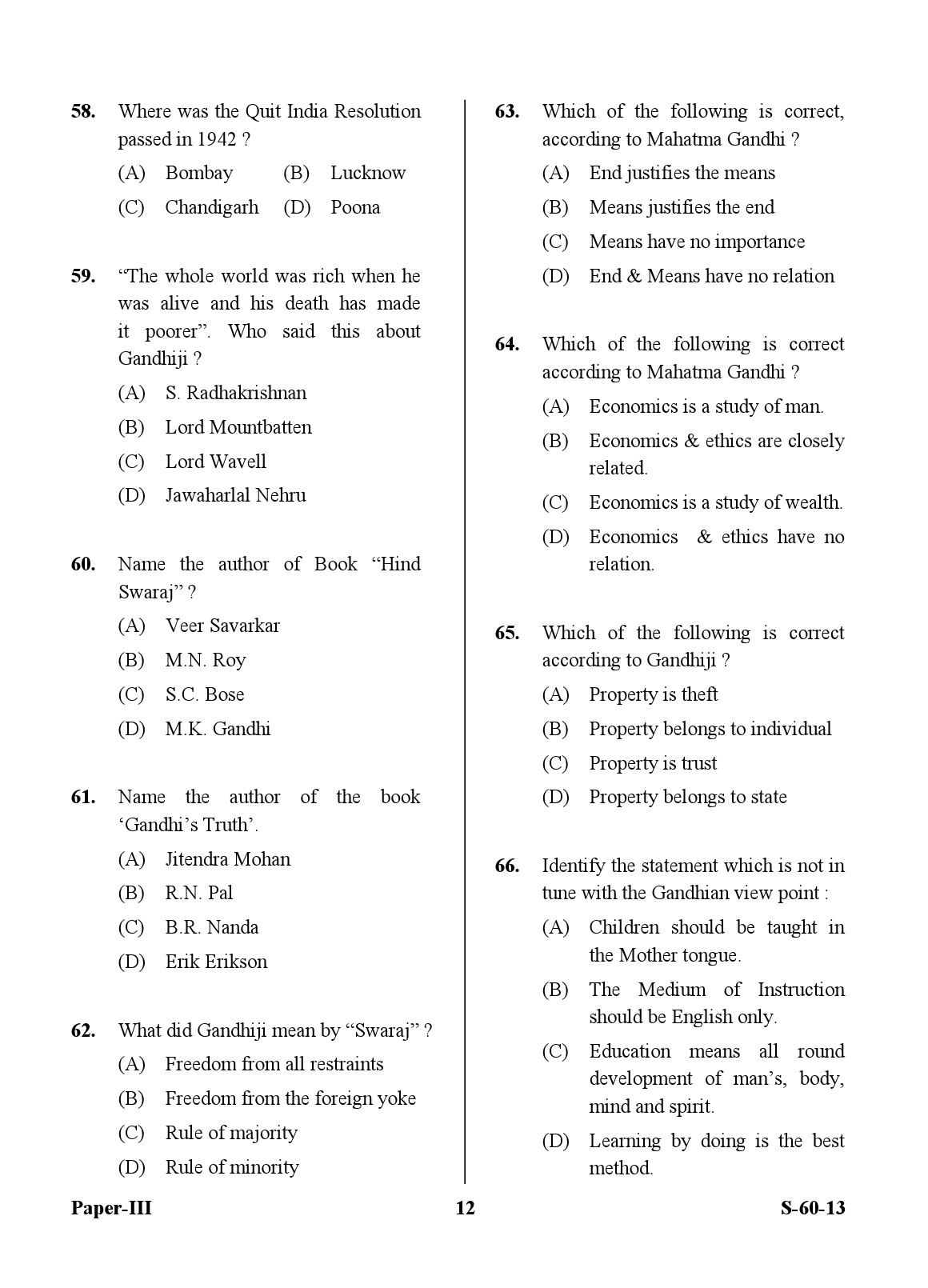 UGC NET Buddhist Jaina Gandhian and Peace Studies Question Paper III Exam September 2013 12