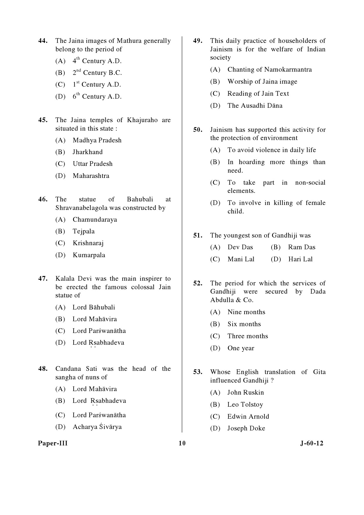 UGC NET Buddhist Jaina Gandhian and Peace Studies Question Paper III June 2012 10