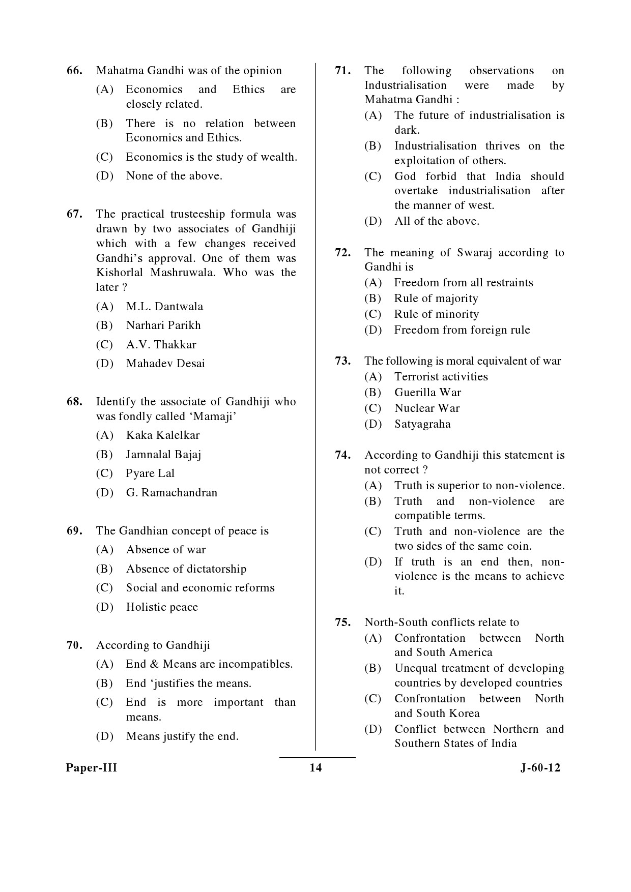 UGC NET Buddhist Jaina Gandhian and Peace Studies Question Paper III June 2012 14