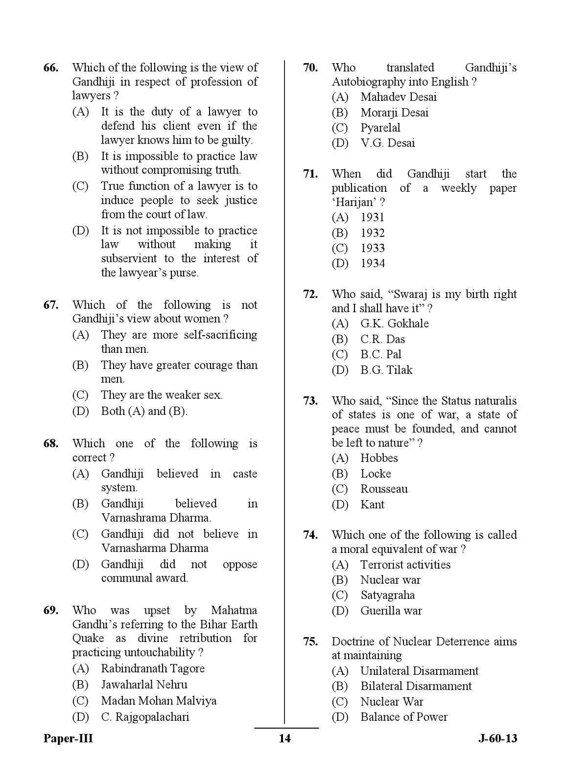 UGC NET Buddhist Jaina Gandhian and Peace Studies Question Paper III June 2013 14