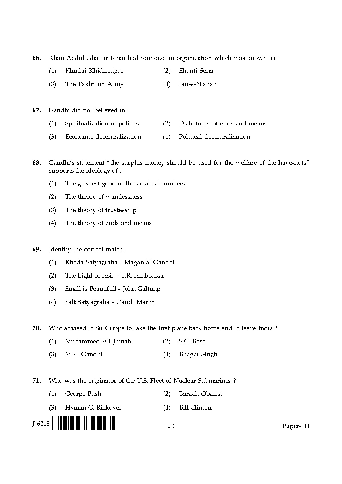 UGC NET Buddhist Jaina Gandhian and Peace Studies Question Paper III June 2015 20