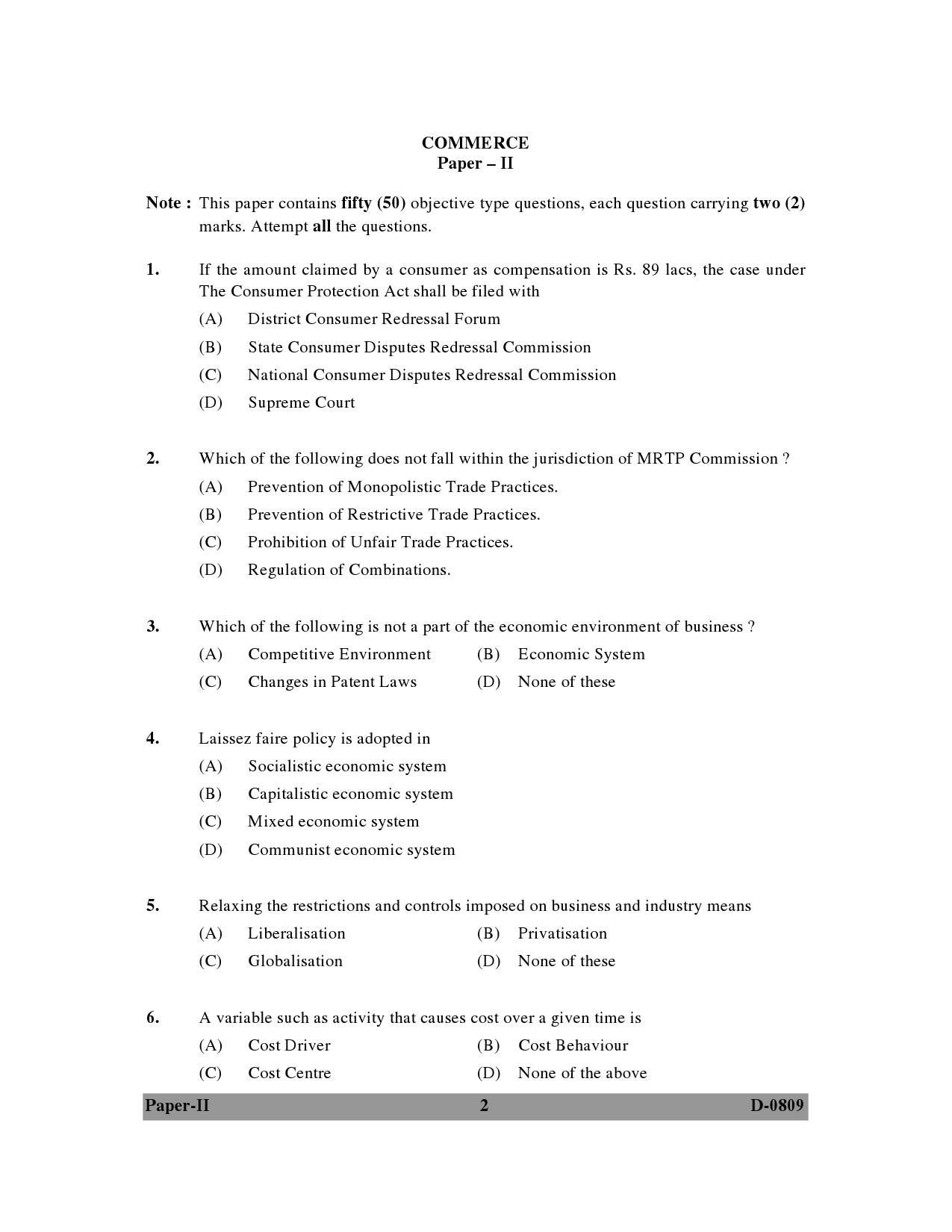 UGC NET Commerce Question Paper II December 2009 2