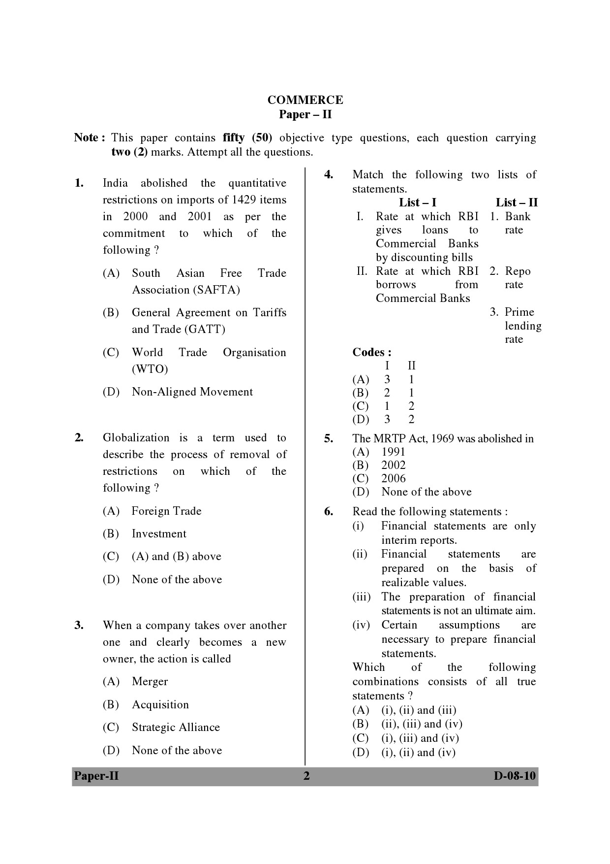 UGC NET Commerce Question Paper II December 2010 2