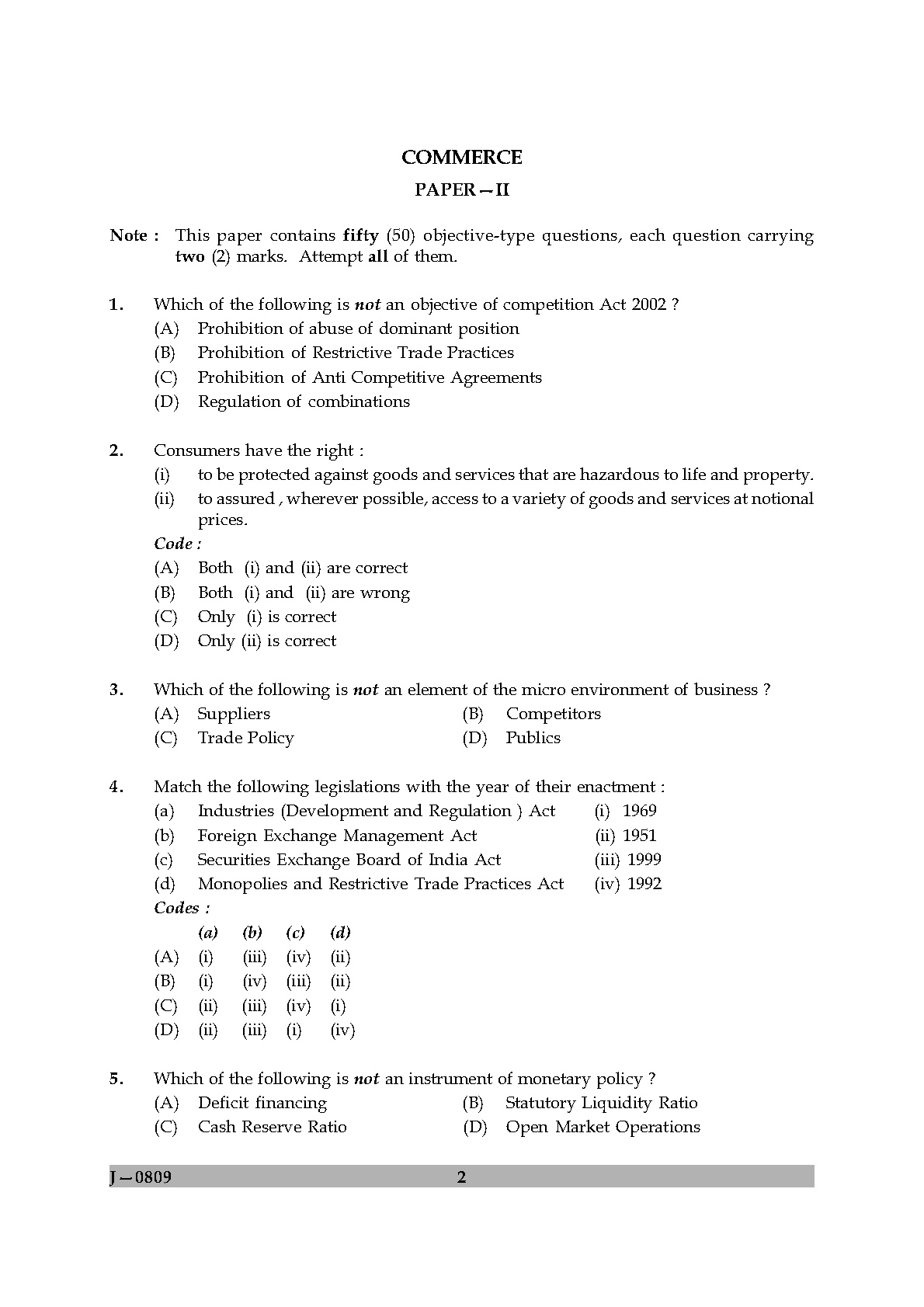 UGC NET Commerce Question Paper II June 2009 2