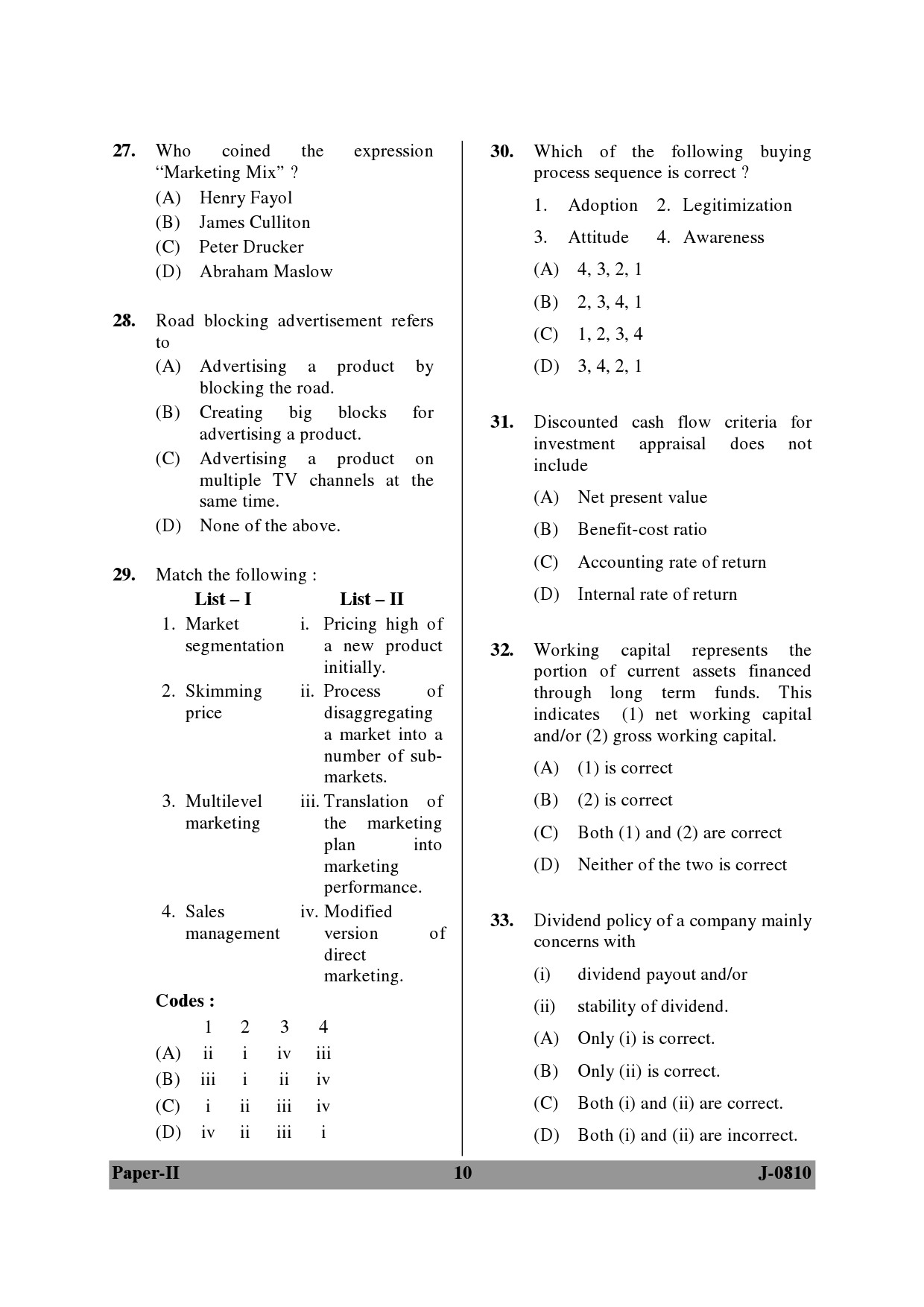 UGC NET Commerce Question Paper II June 2010 10