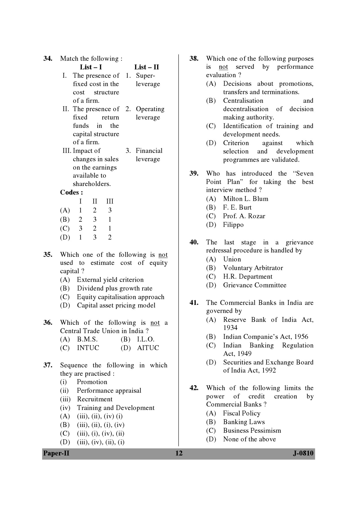 UGC NET Commerce Question Paper II June 2010 12