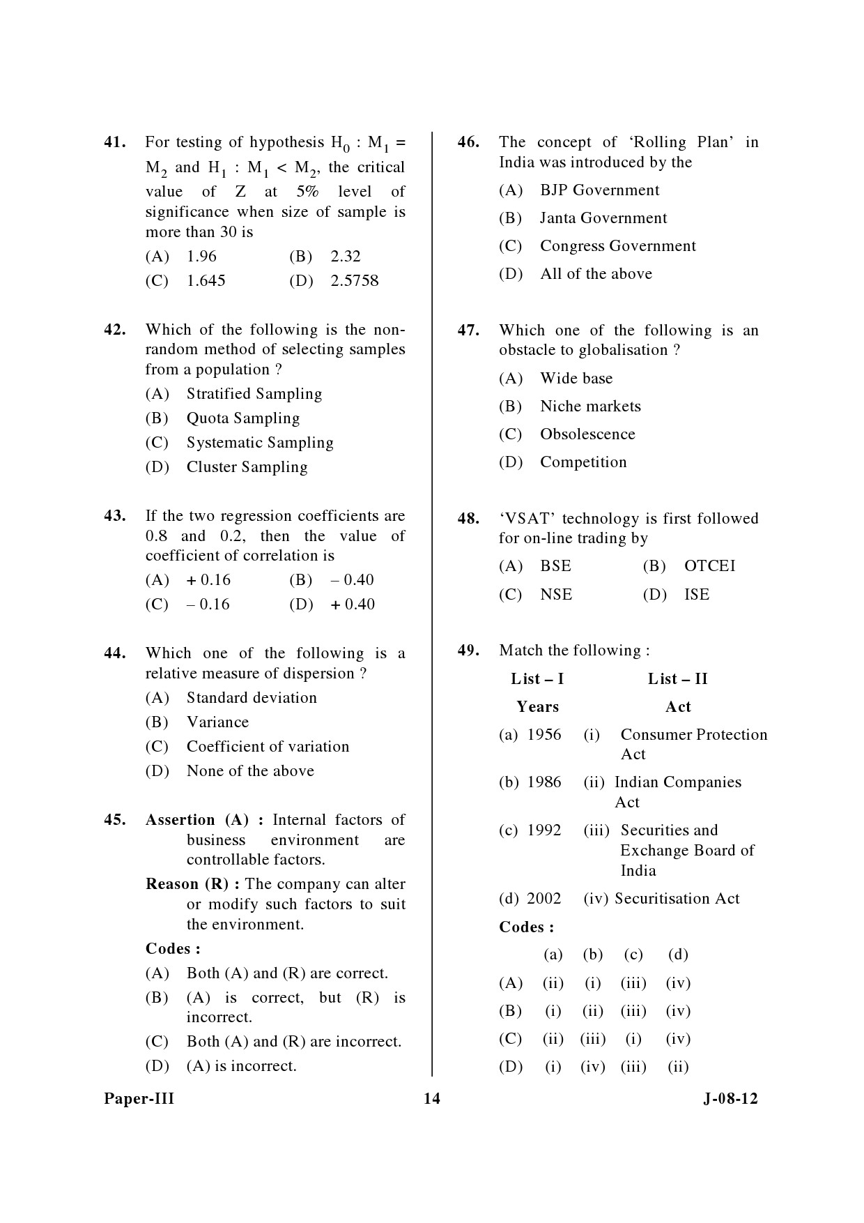 UGC NET Commerce Question Paper III June 2012 14