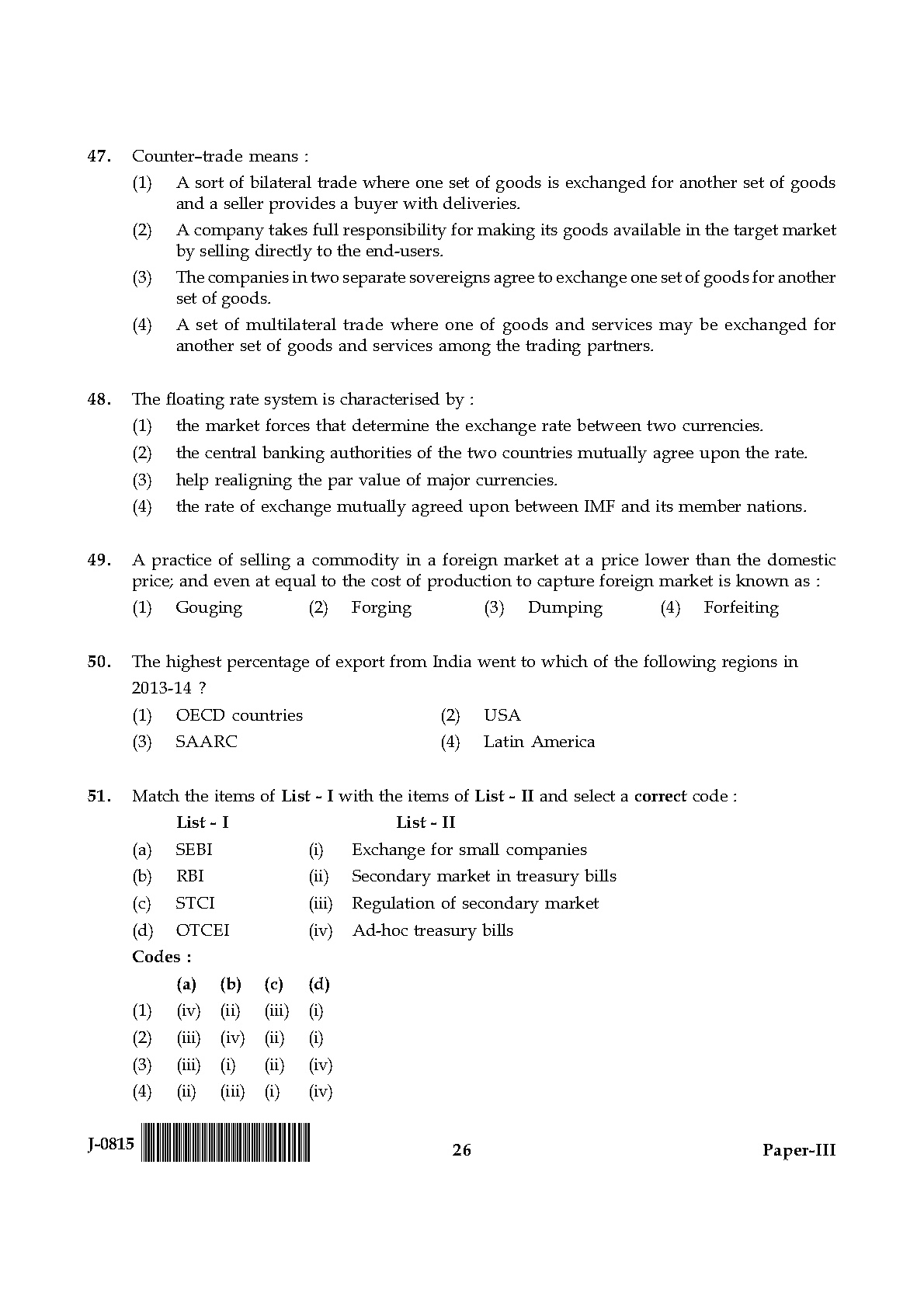 UGC NET Commerce Question Paper III June 2015 26