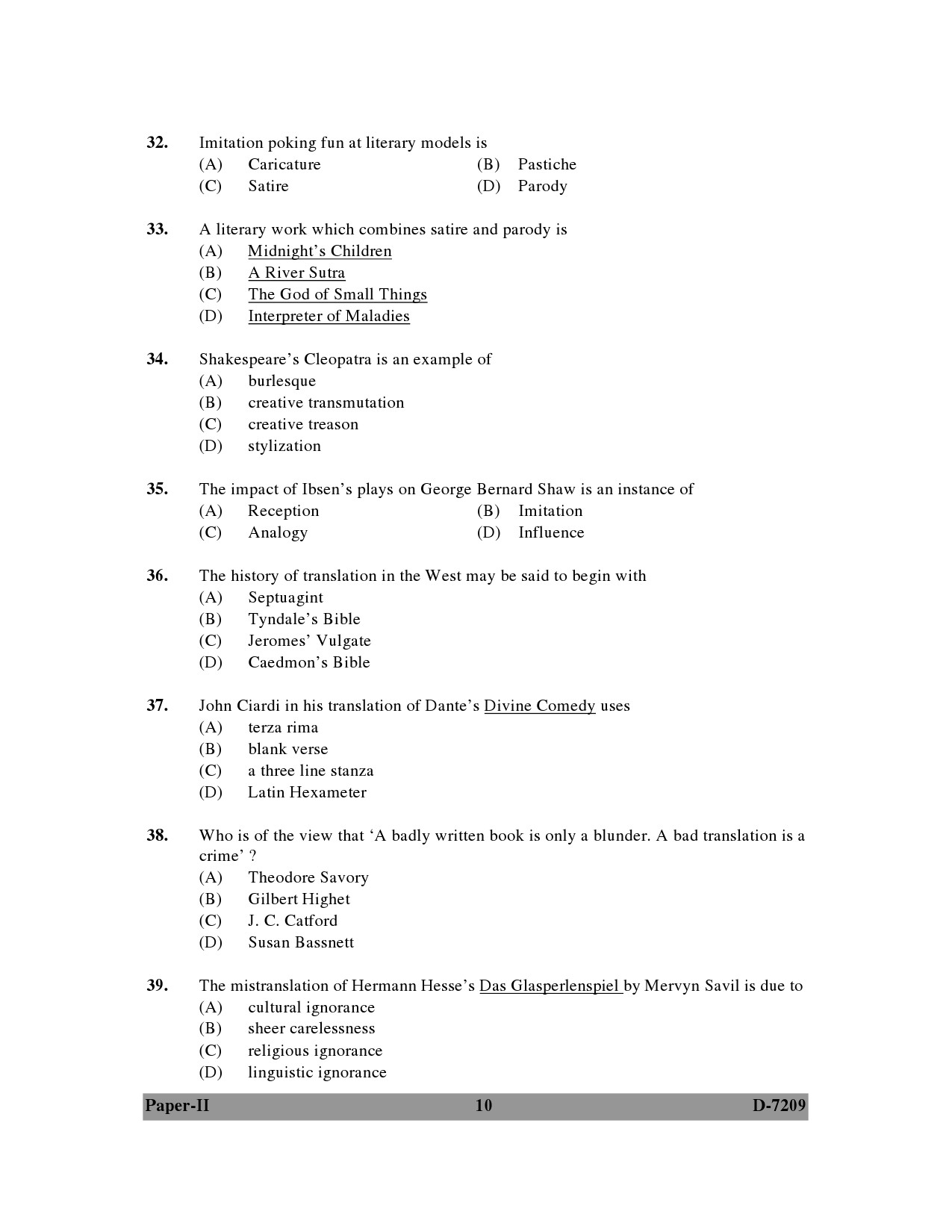 UGC NET Comparative Literature Question Paper II December 2009 10