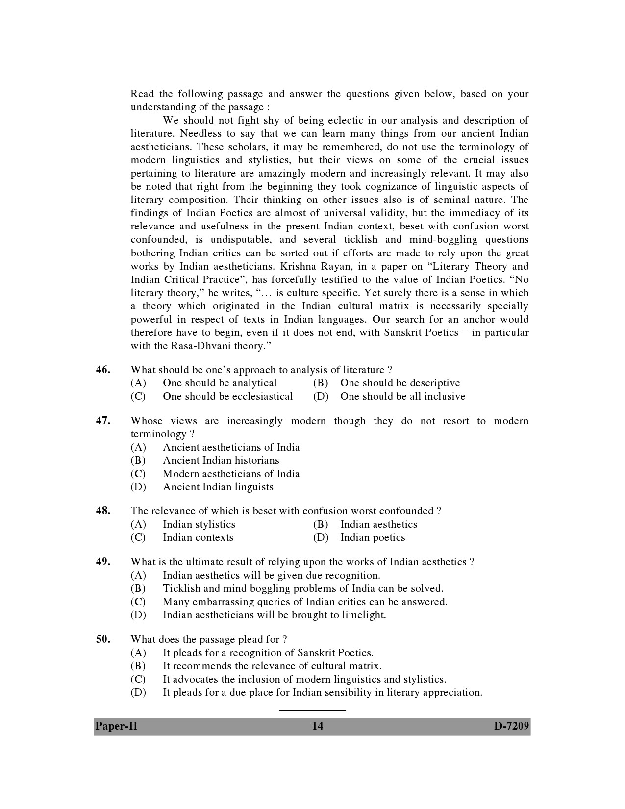 UGC NET Comparative Literature Question Paper II December 2009 14