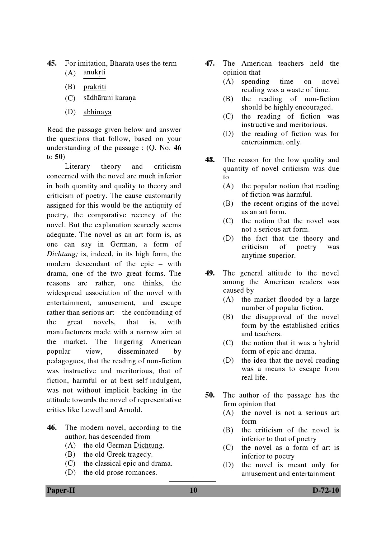 UGC NET Comparative Literature Question Paper II December 2010 10