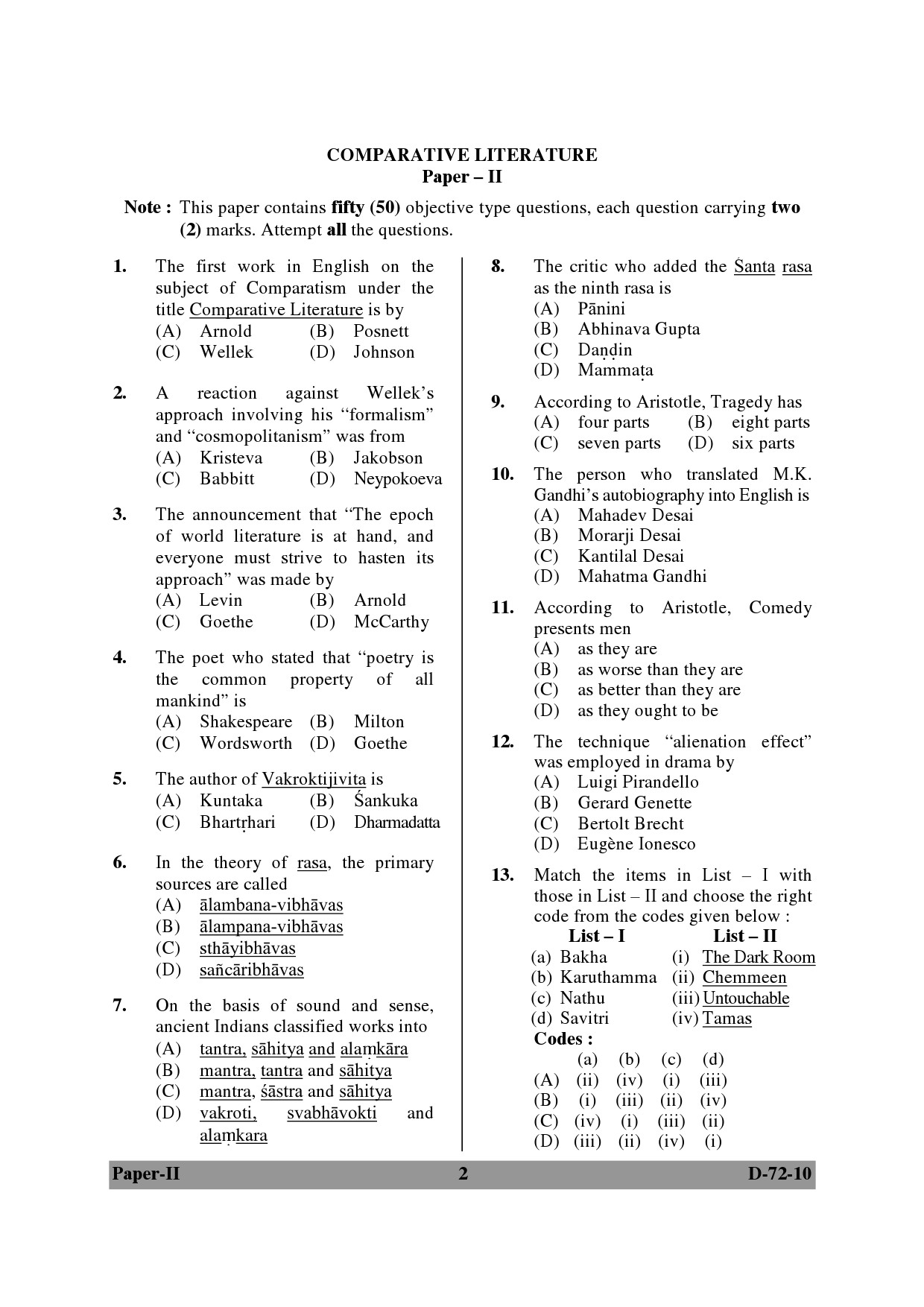 UGC NET Comparative Literature Question Paper II December 2010 2