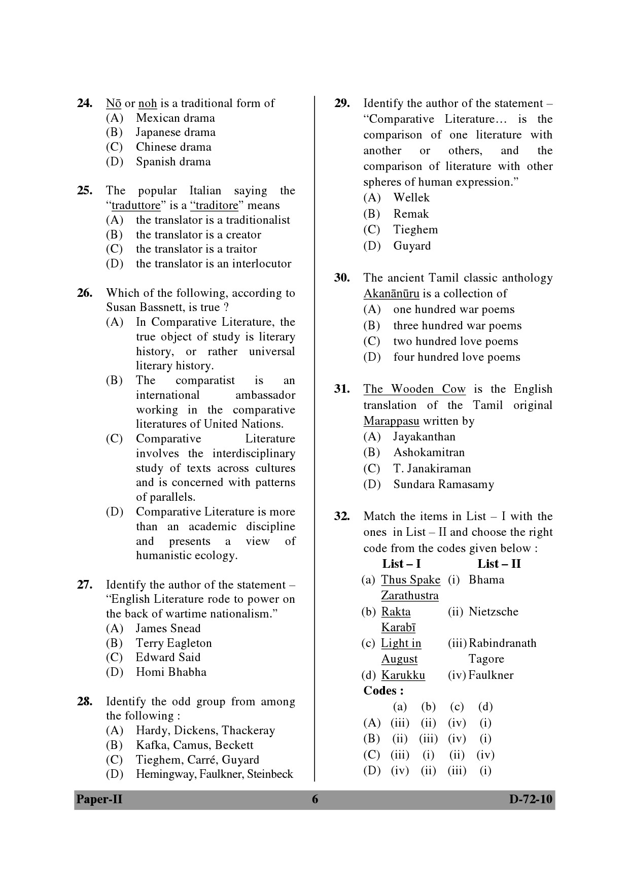 UGC NET Comparative Literature Question Paper II December 2010 6