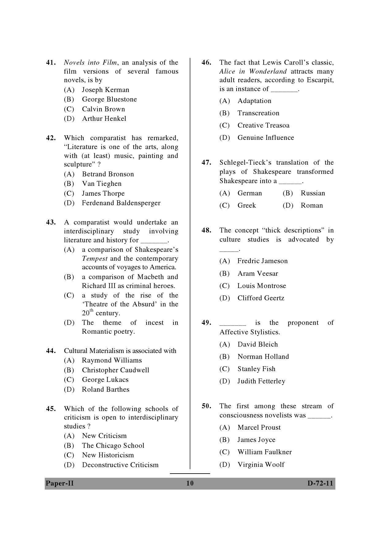 UGC NET Comparative Literature Question Paper II December 2011 10