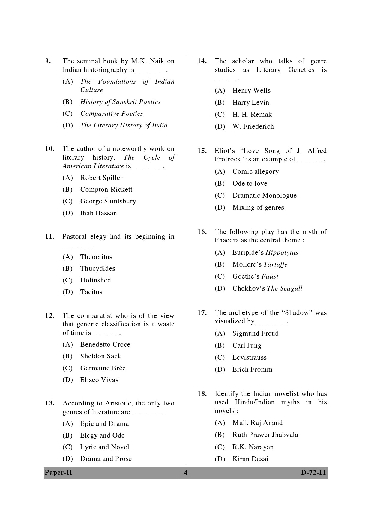 UGC NET Comparative Literature Question Paper II December 2011 4