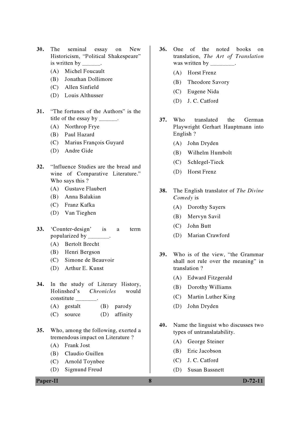 UGC NET Comparative Literature Question Paper II December 2011 8