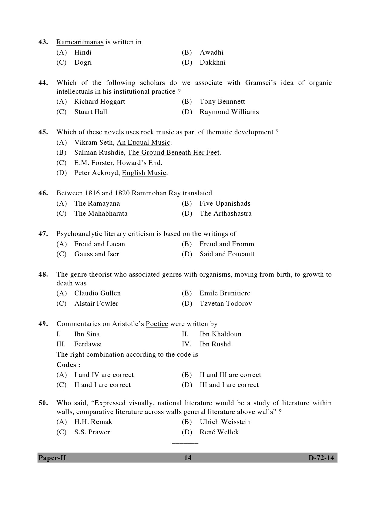 UGC NET Comparative Literature Question Paper II December 2014 14