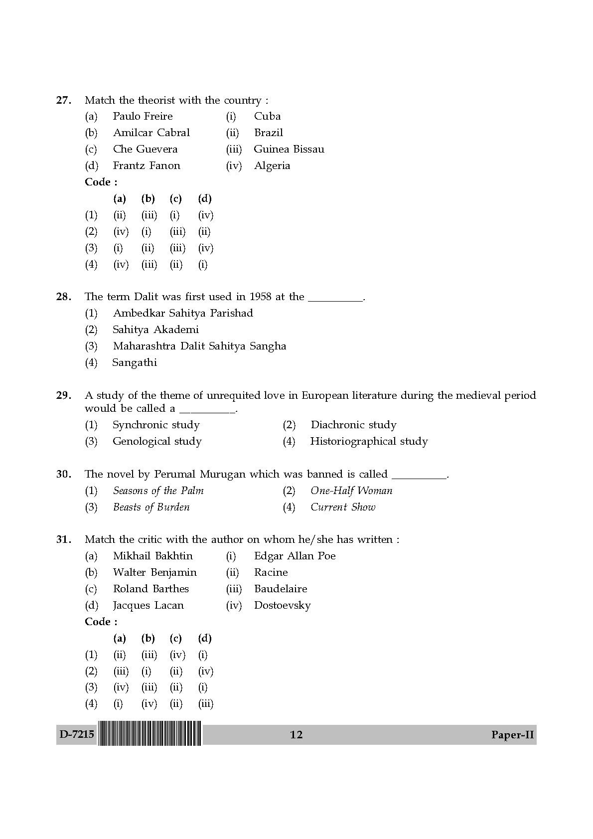 UGC NET Comparative Literature Question Paper II December 2015 12