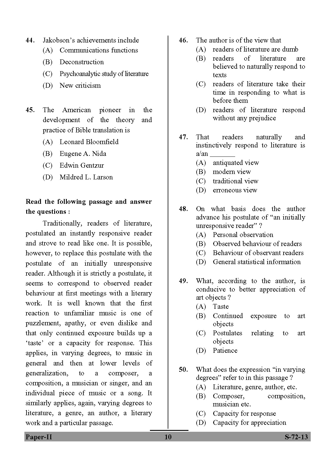 UGC NET Comparative Literature Question Paper II Exam September 2013 10