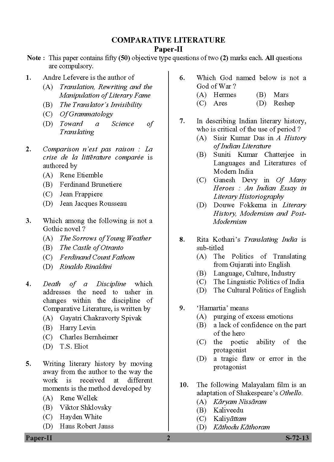 UGC NET Comparative Literature Question Paper II Exam September 2013 2