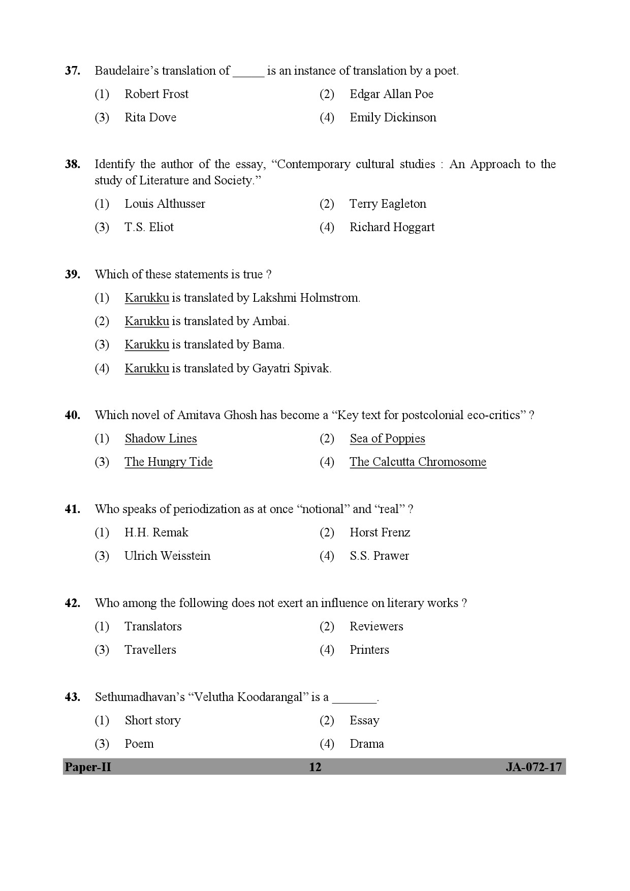 UGC NET Comparative Literature Question Paper II January 2017 12