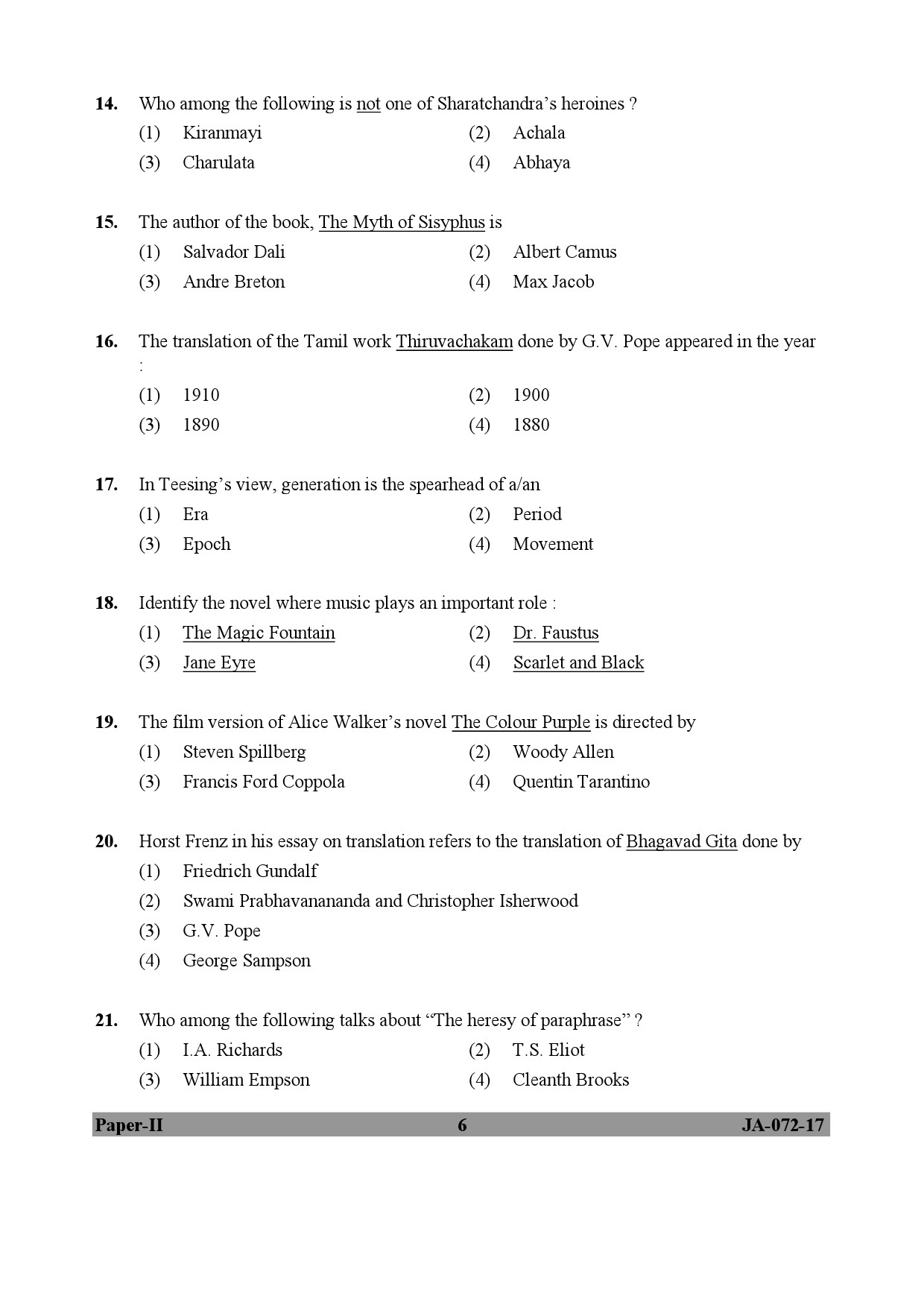 UGC NET Comparative Literature Question Paper II January 2017 6