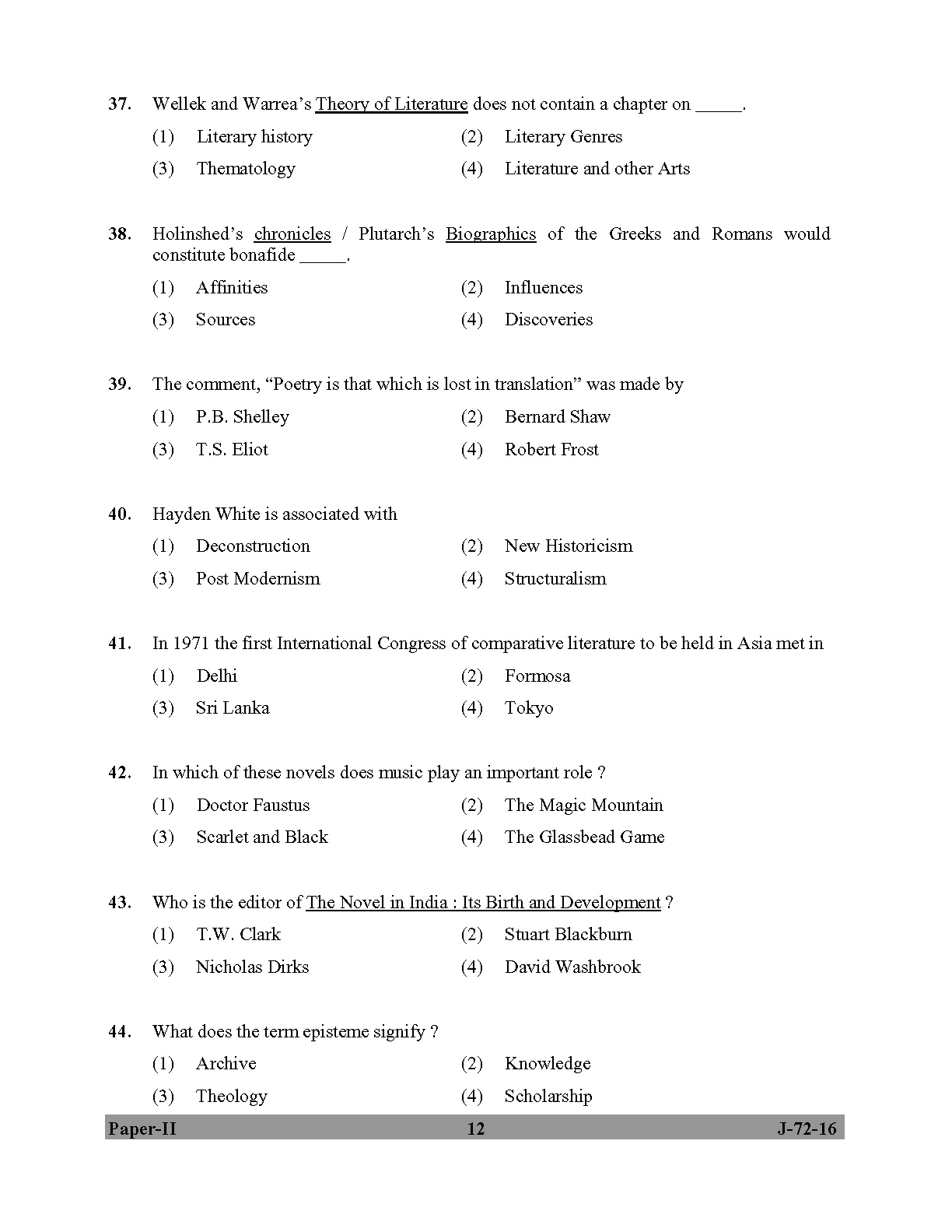 UGC NET Comparative Literature Question Paper II July 2016 12