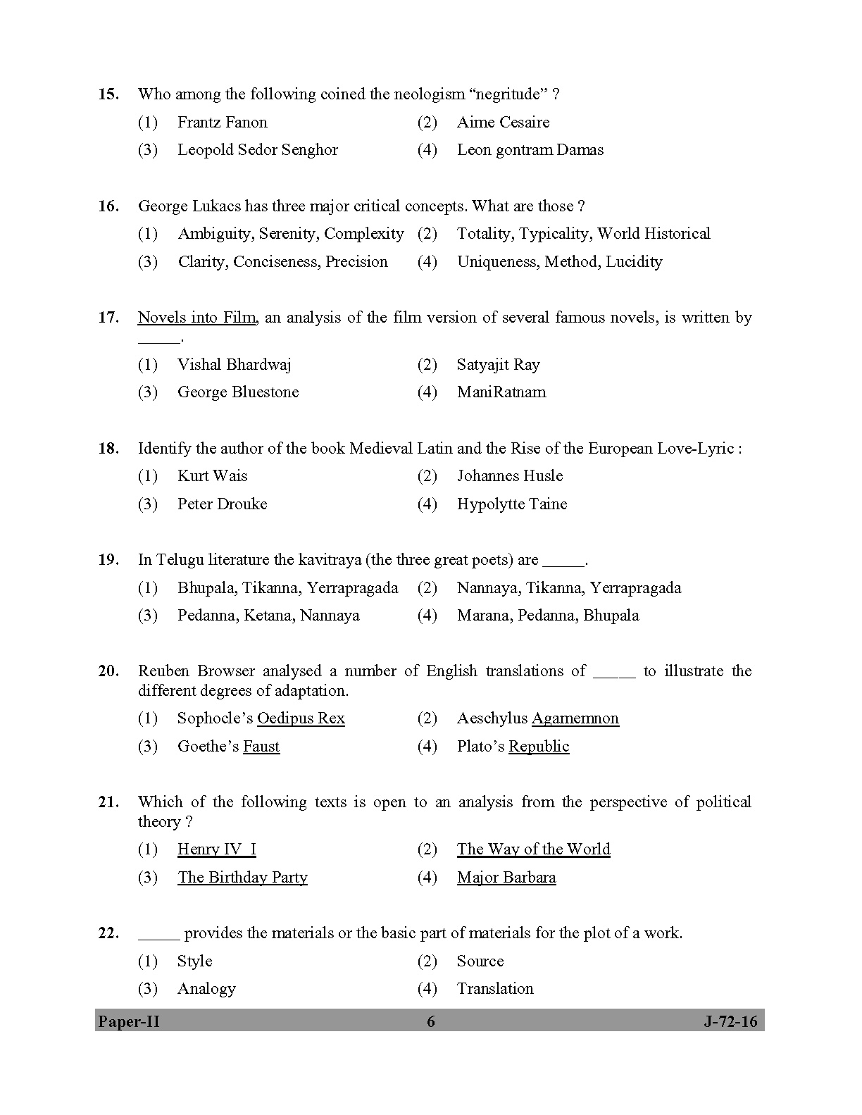 UGC NET Comparative Literature Question Paper II July 2016 6