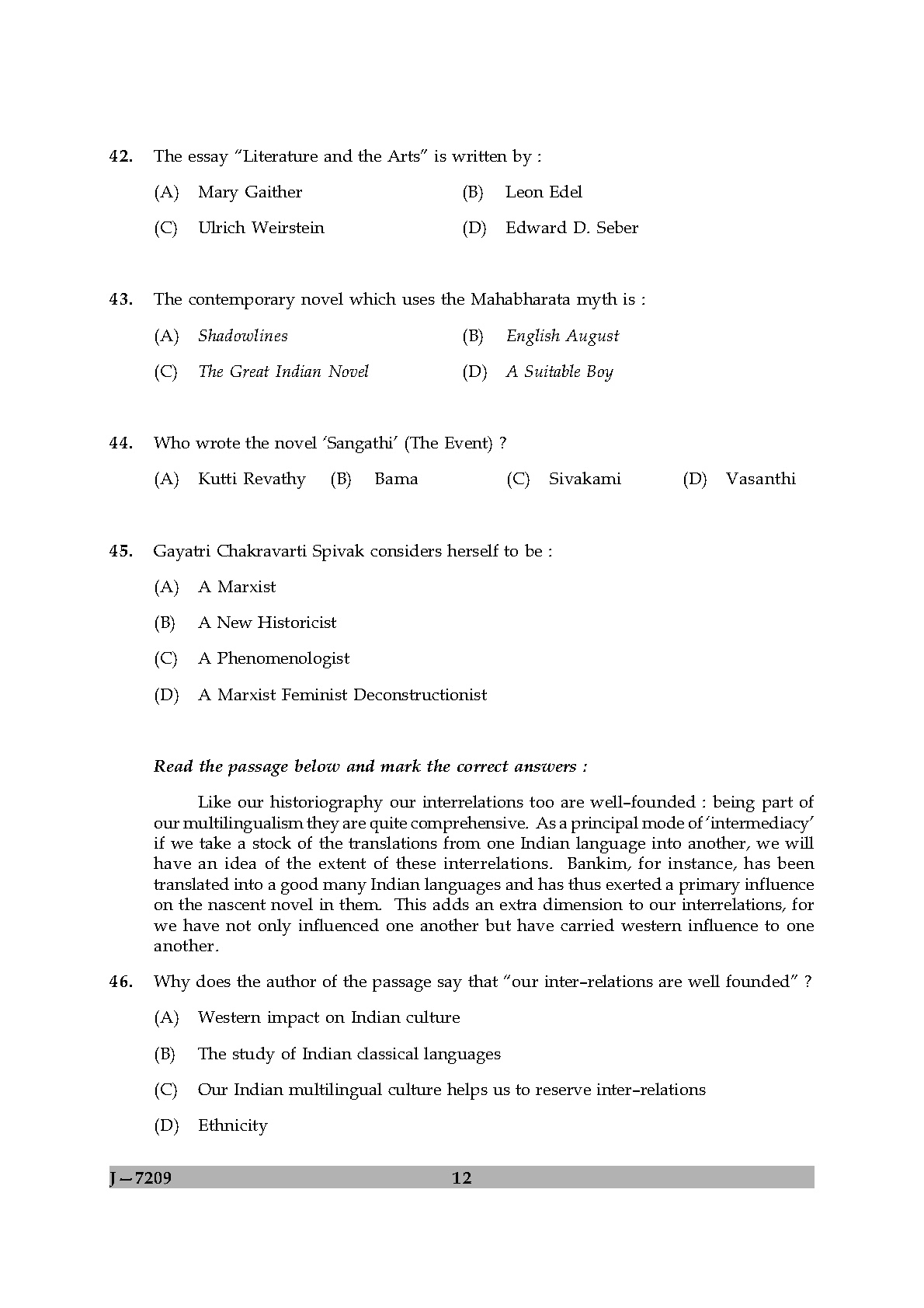 UGC NET Comparative Literature Question Paper II June 2009 12