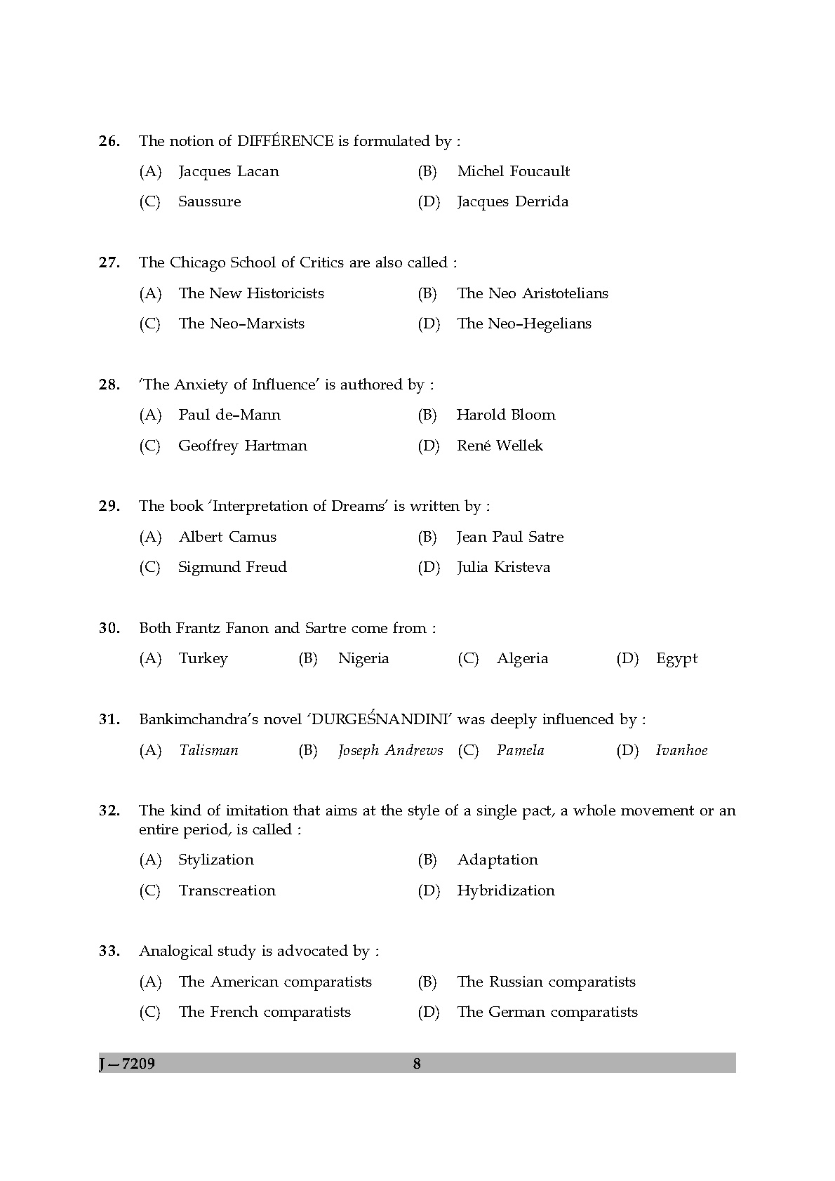 UGC NET Comparative Literature Question Paper II June 2009 8