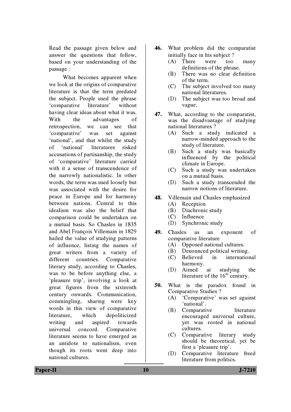 UGC NET Comparative Literature Question Paper II June 2010 10