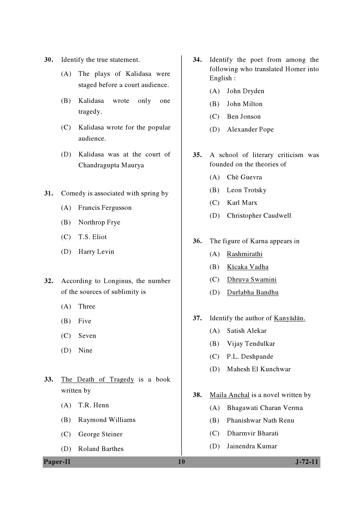 UGC NET Comparative Literature Question Paper II June 2011 10