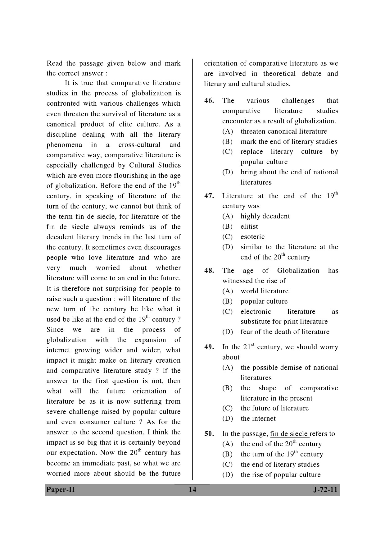 UGC NET Comparative Literature Question Paper II June 2011 14