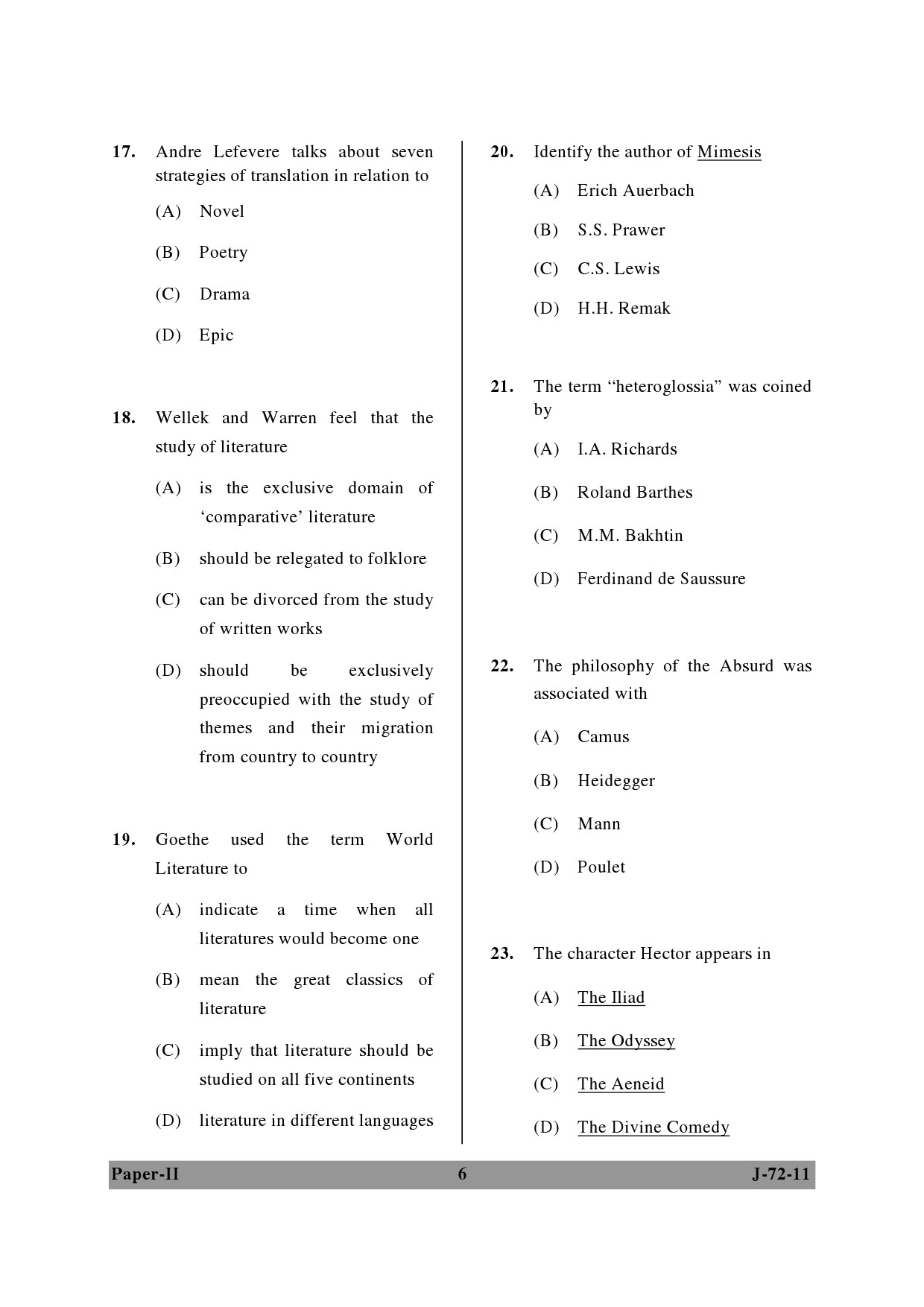 UGC NET Comparative Literature Question Paper II June 2011 6