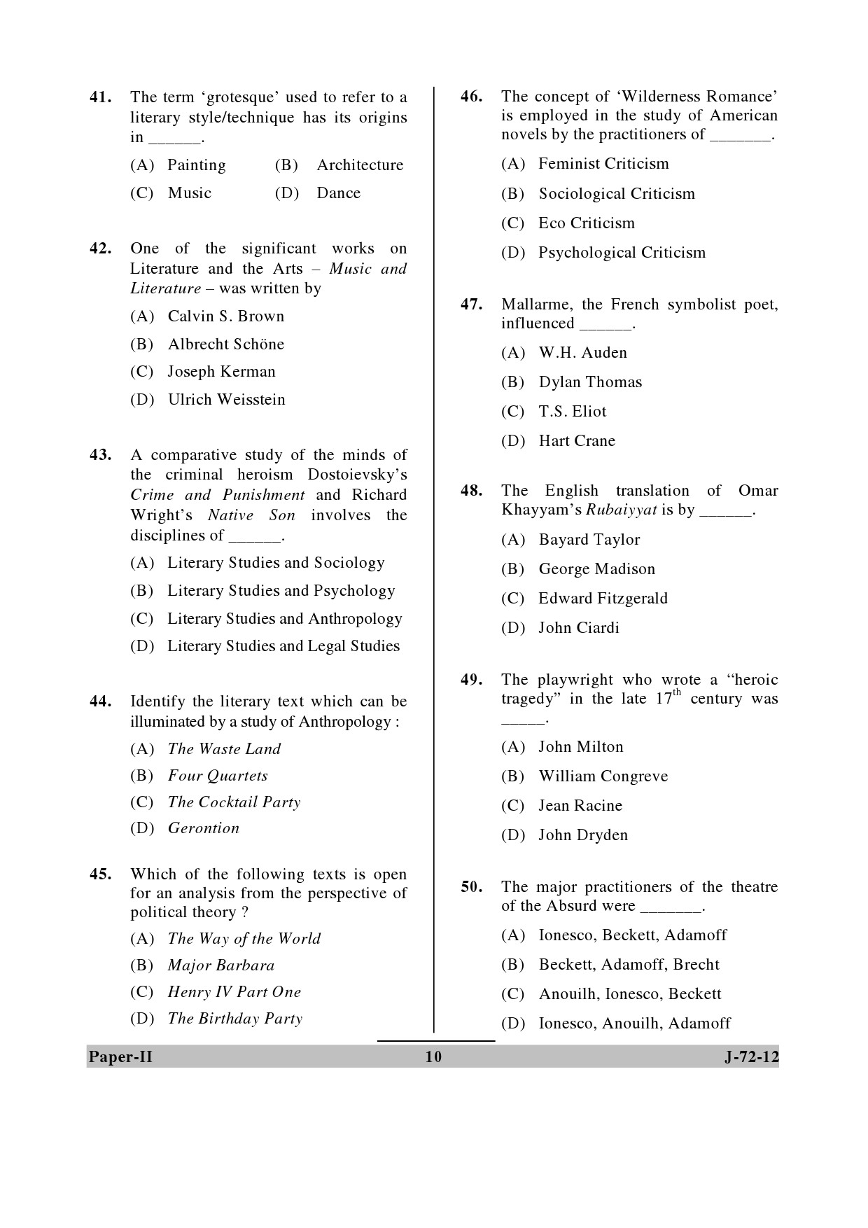 UGC NET Comparative Literature Question Paper II June 2012 10