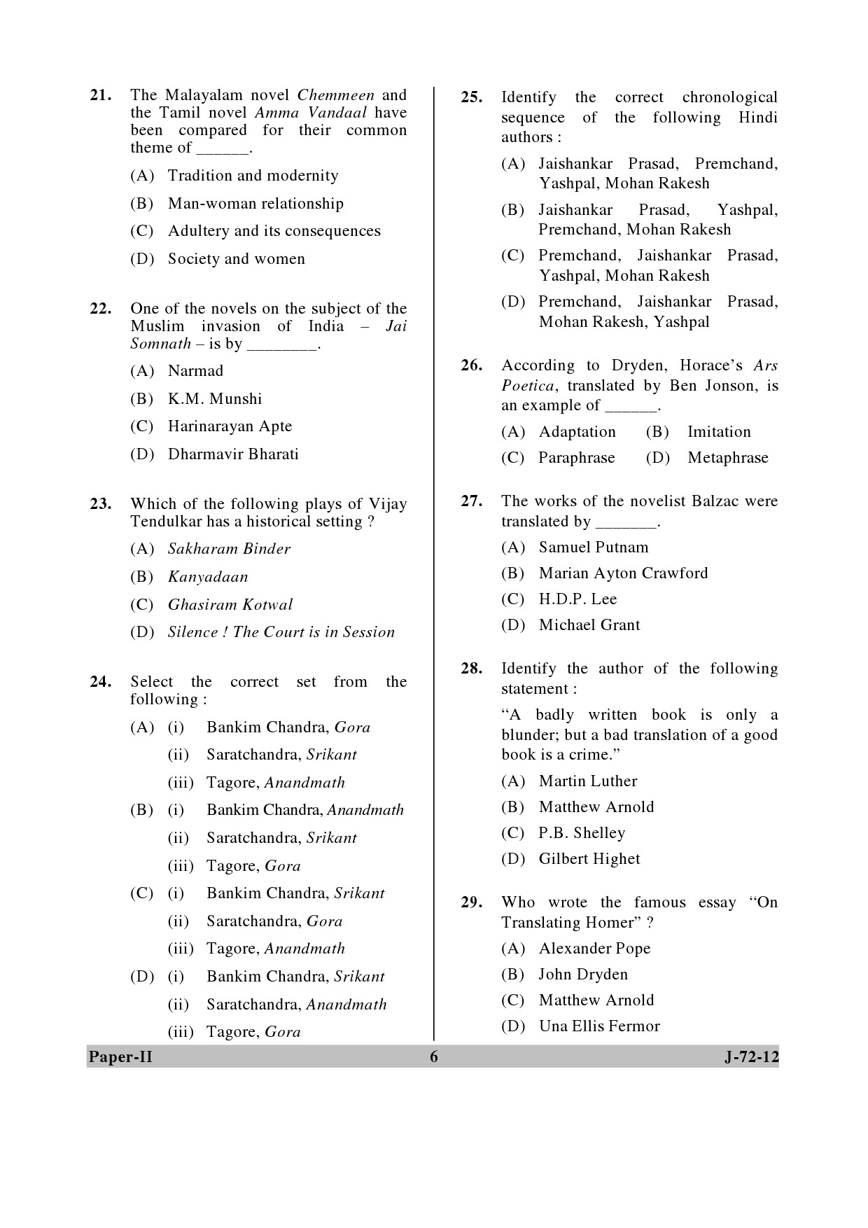 UGC NET Comparative Literature Question Paper II June 2012 6