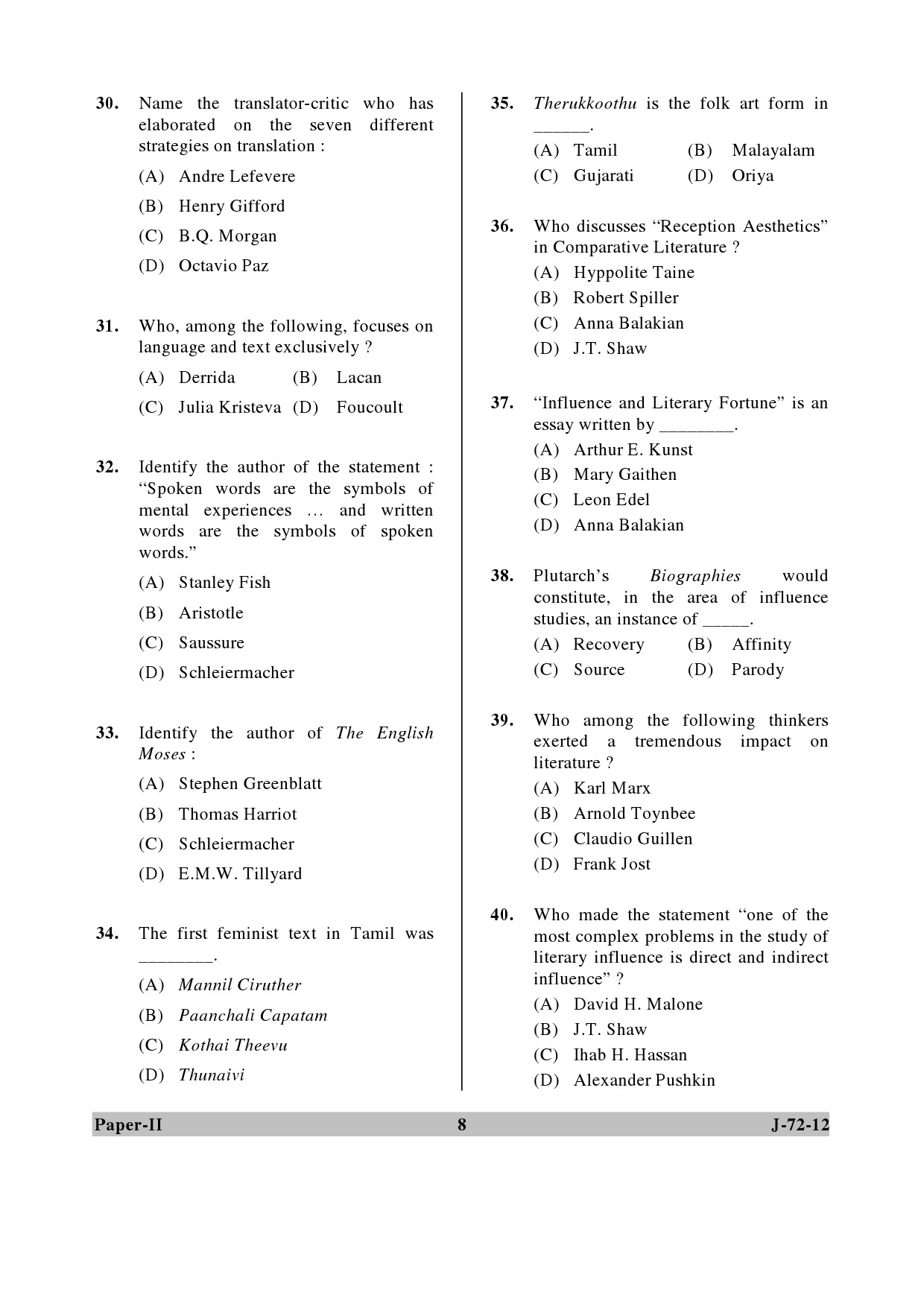 UGC NET Comparative Literature Question Paper II June 2012 8