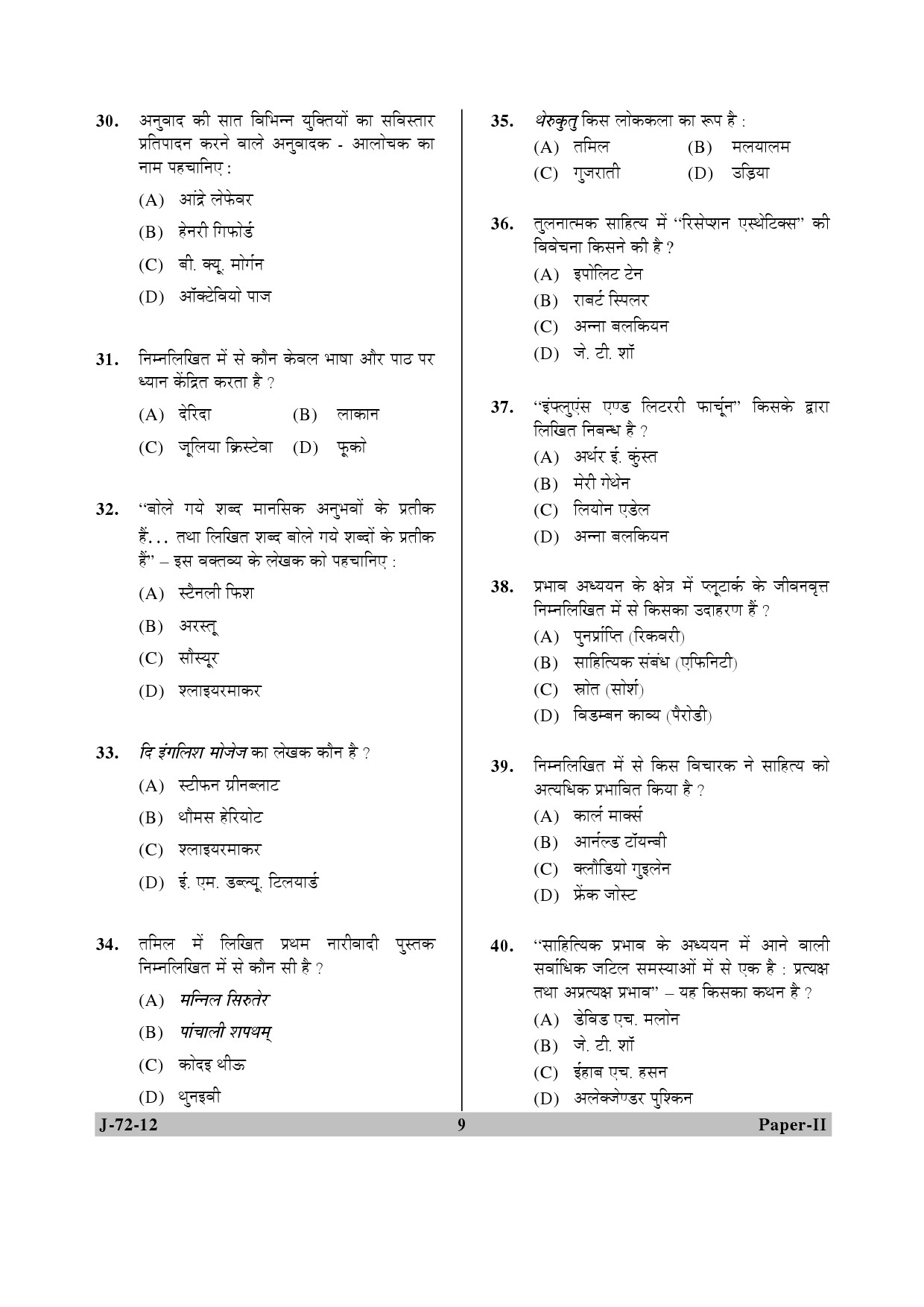 UGC NET Comparative Literature Question Paper II June 2012 9