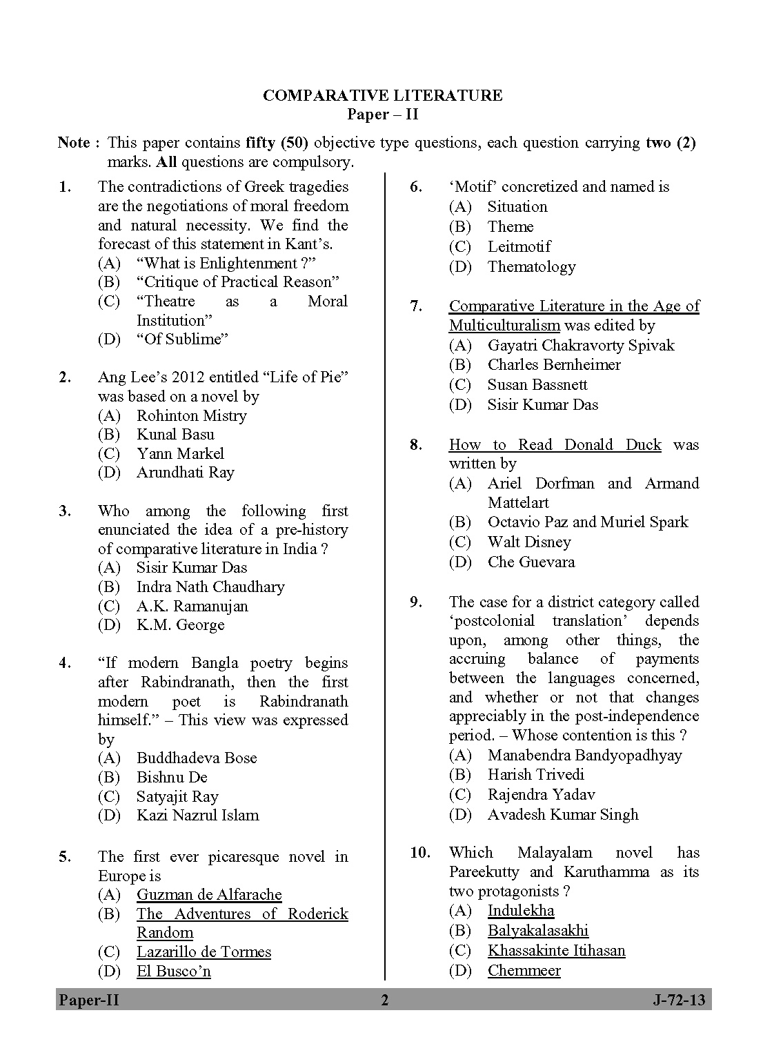 UGC NET Comparative Literature Question Paper II June 2013 2