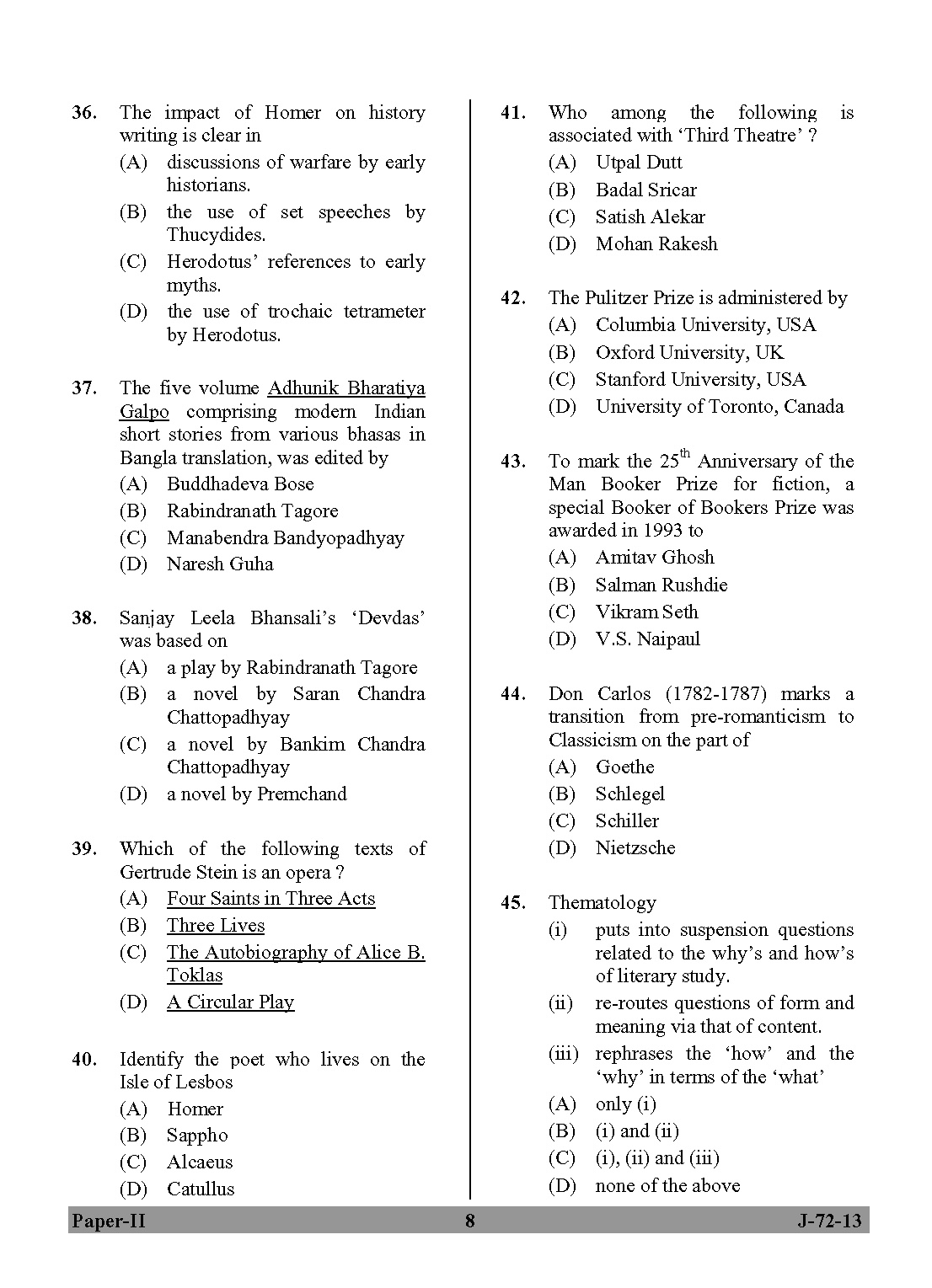 UGC NET Comparative Literature Question Paper II June 2013 8